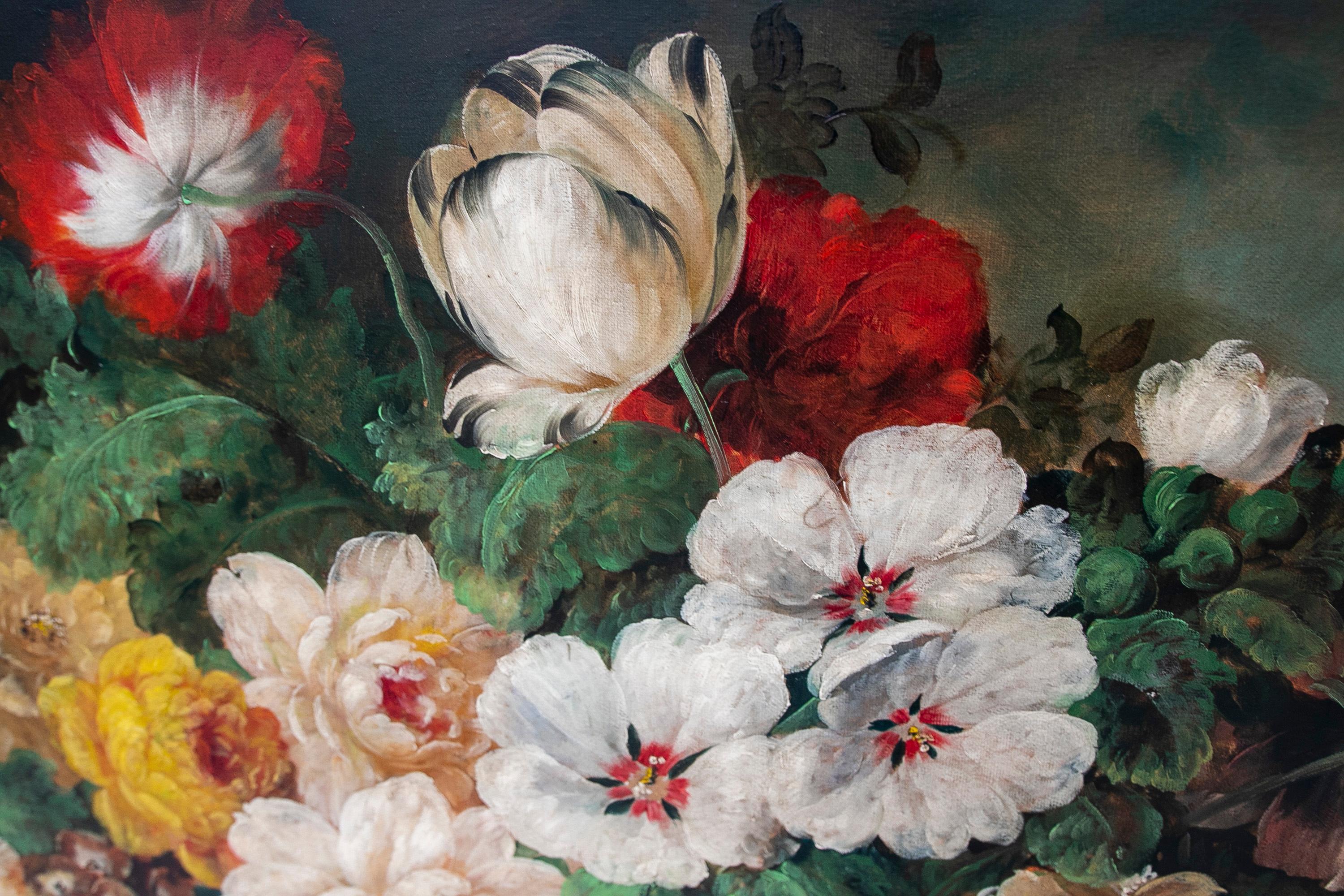 Peinture décorative peinte à la main de fleurs à l'huile sur toile avec cadre doré en vente 10