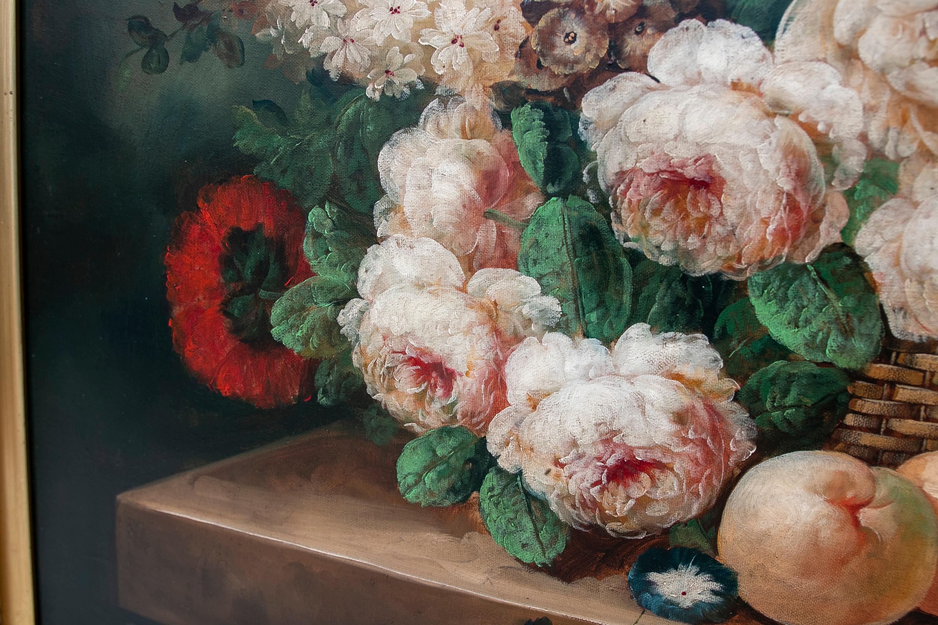 Européen Peinture décorative peinte à la main de fleurs à l'huile sur toile avec cadre doré en vente