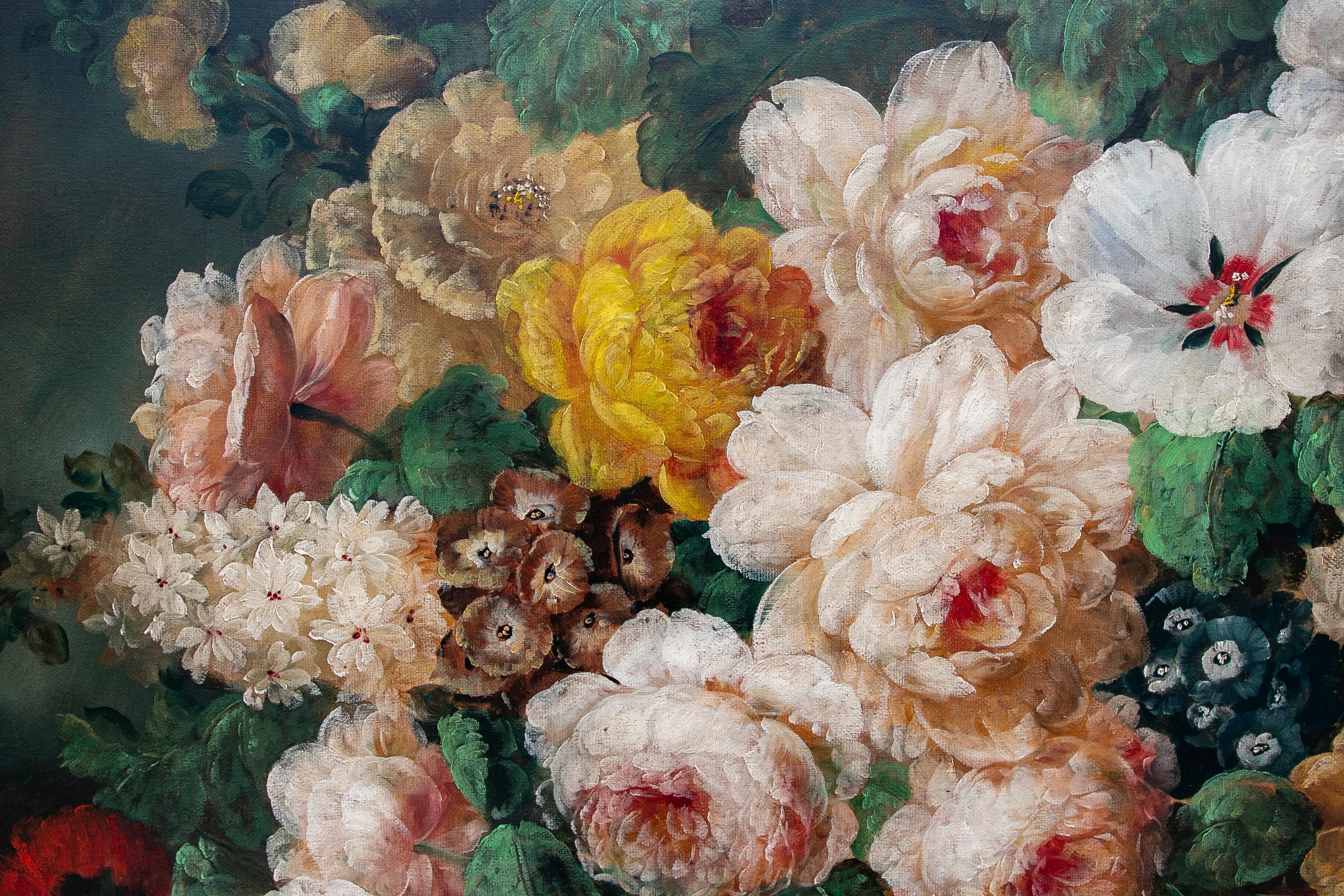 Peinture décorative peinte à la main de fleurs à l'huile sur toile avec cadre doré Bon état - En vente à Marbella, ES