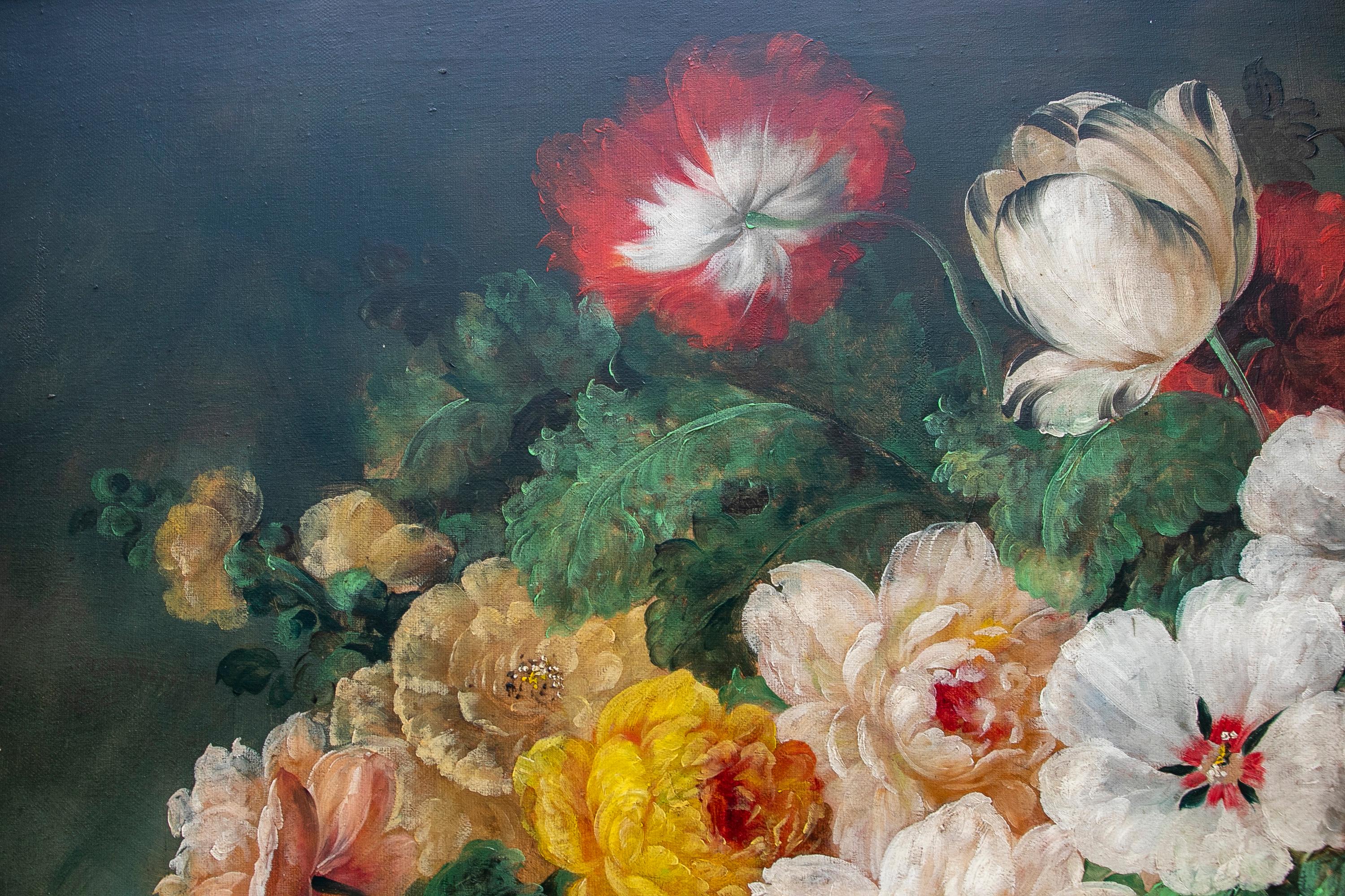 20ième siècle Peinture décorative peinte à la main de fleurs à l'huile sur toile avec cadre doré en vente