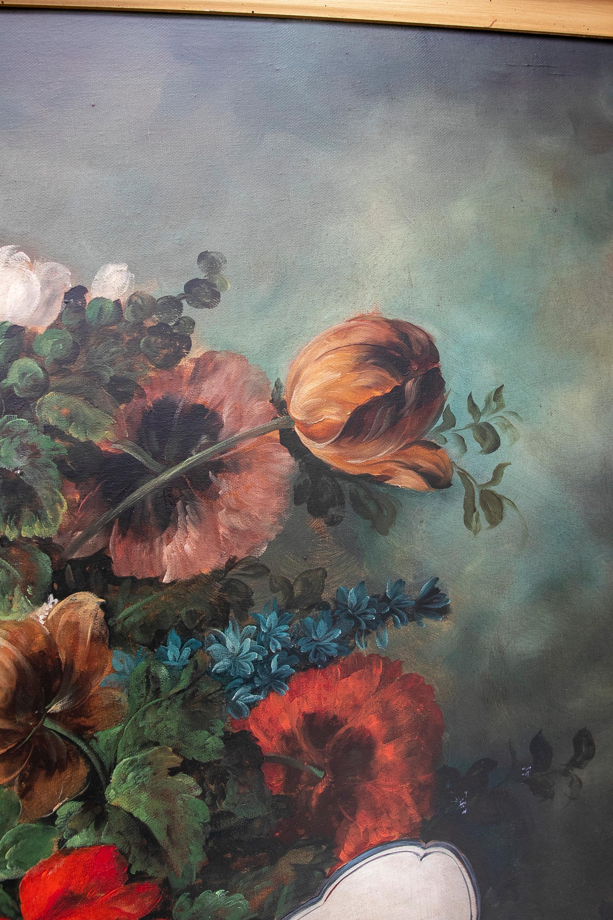 Peinture décorative peinte à la main de fleurs à l'huile sur toile avec cadre doré en vente 3