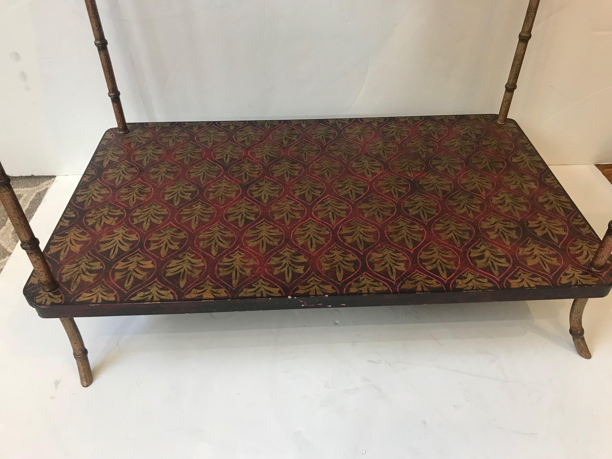 Italian Decorative Hand-Painted Two-Tier Side Table with Brass Legs