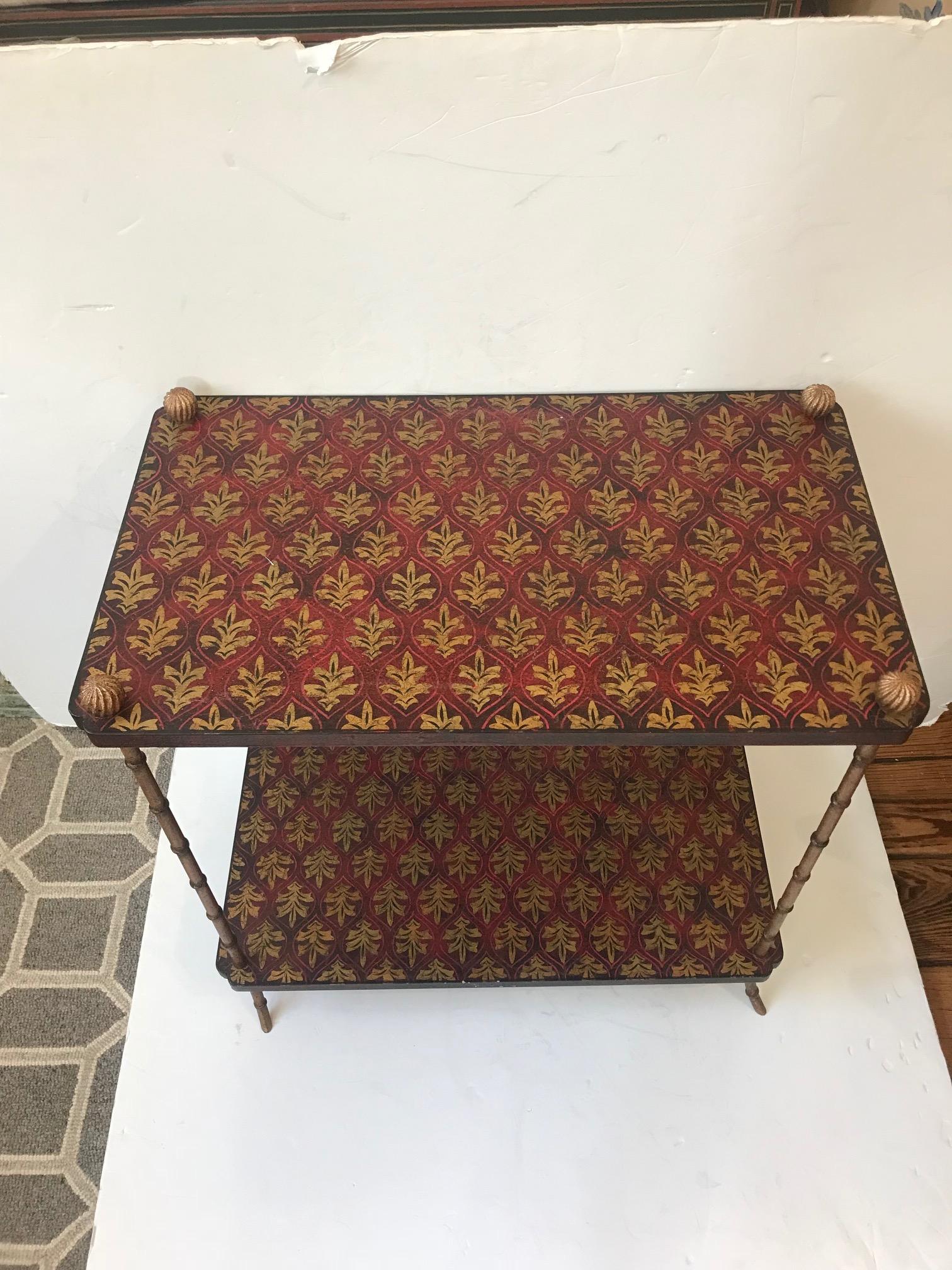 Decorative Hand-Painted Two-Tier Side Table with Brass Legs In Good Condition In Hopewell, NJ
