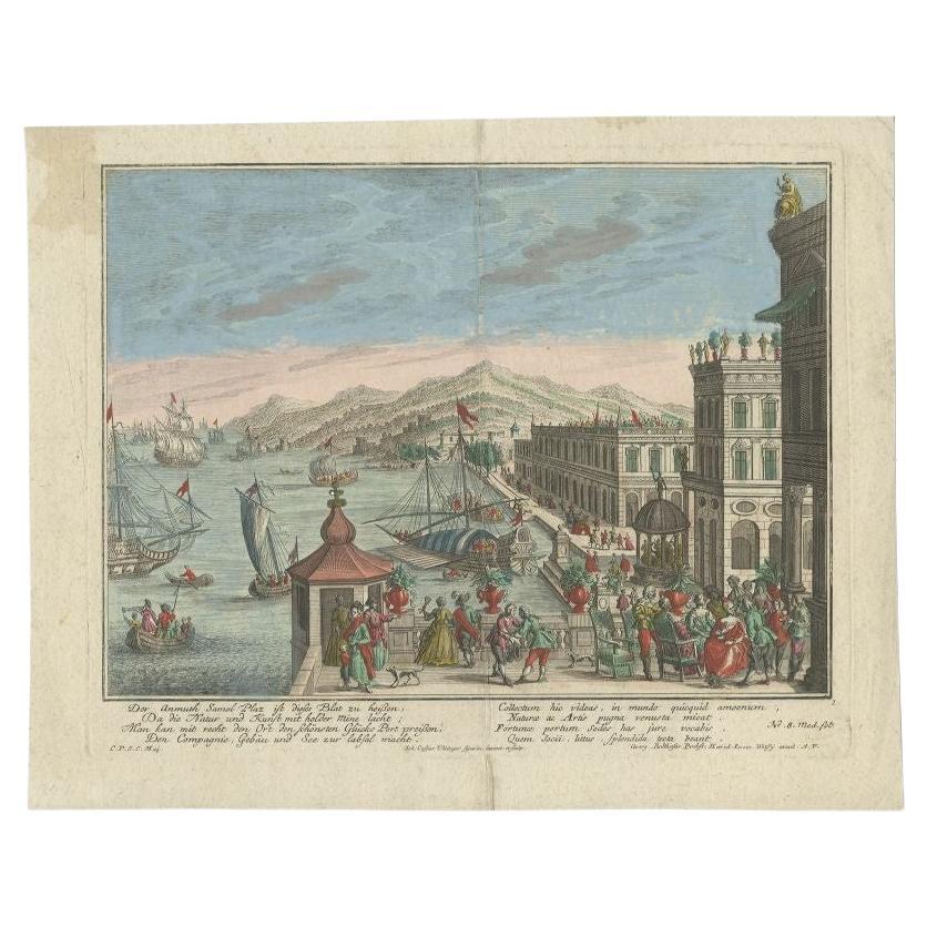 Antique print titled 'Der Anmuth Samel Plaz ist dieses Blat zu heissen (..)'. Old print depicting an outdoor banquet near a port. Depicted are various ships and figures.

Artists and Engravers: Made after I.C. Uhlinger by G.B. Probst and J. Wolff.