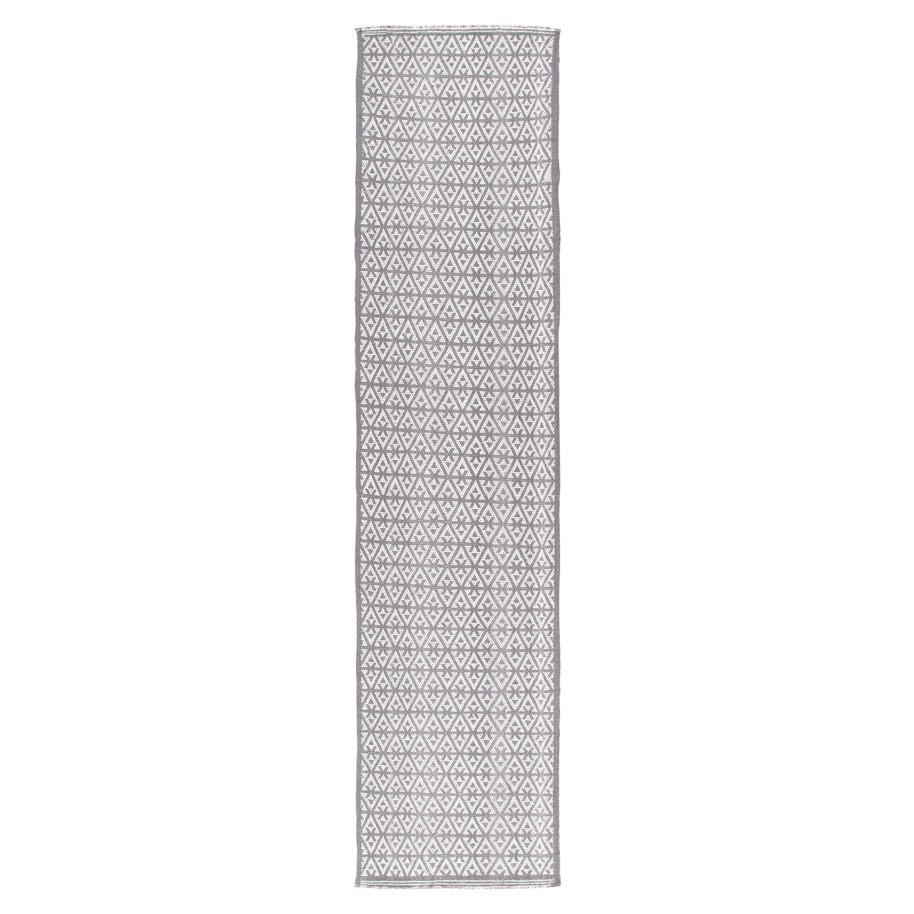 Decorative Handwoven Flat-Weave Runner Rug in Grey and Ivory Color For Sale