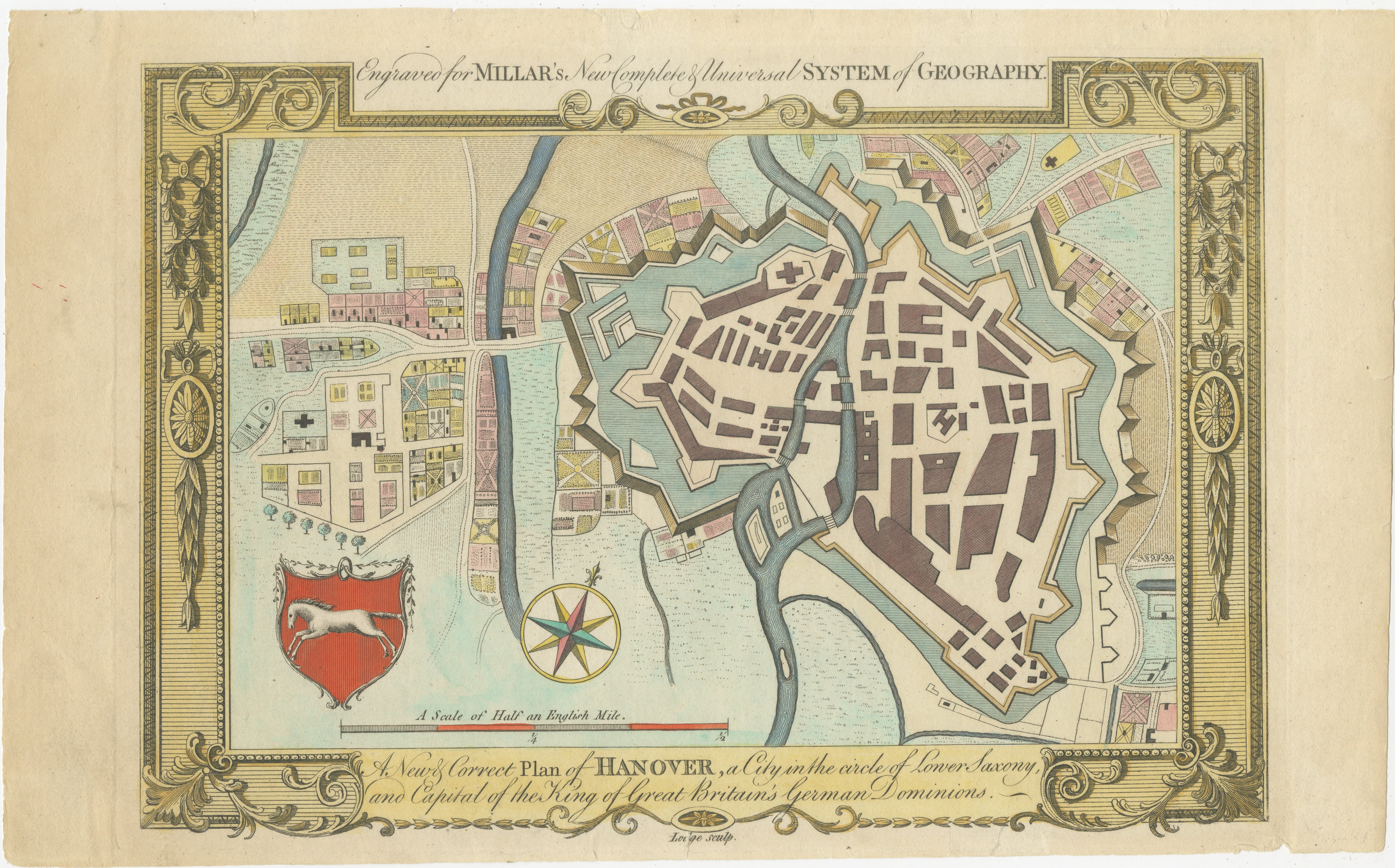 Decorative Hanover City Plan, Hand-Colored Georgian Map, Germany, c.1785
