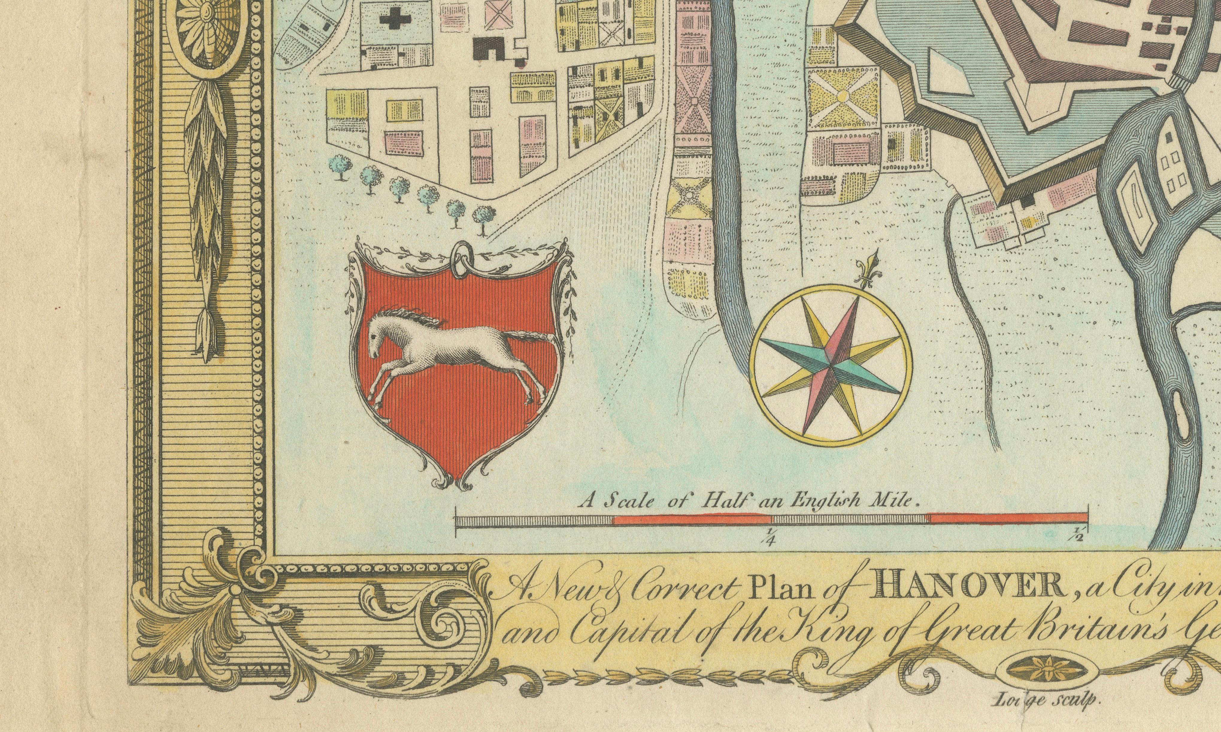 Decorative Hanover City Plan, Hand-Colored Georgian Map, Germany, c.1785