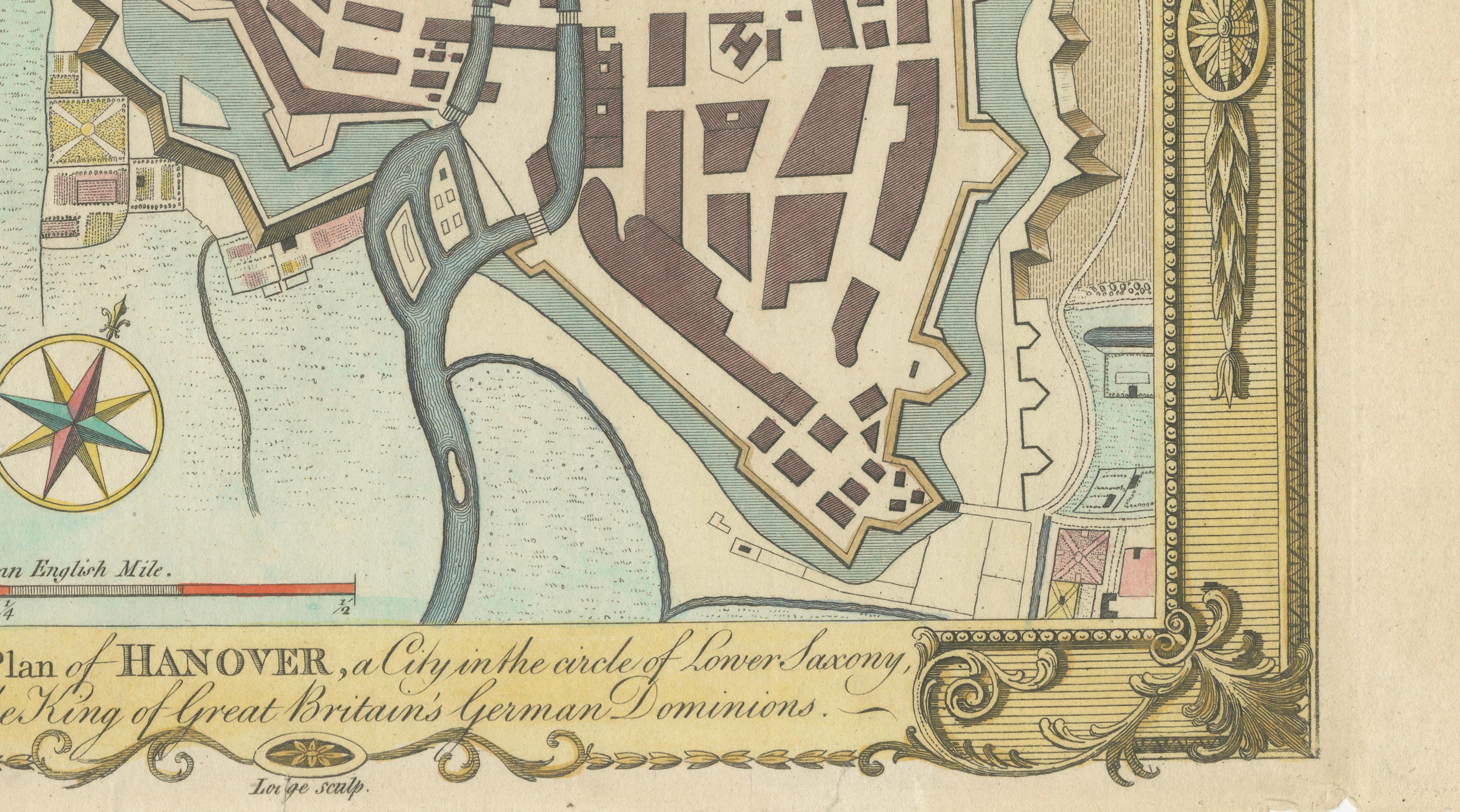 Decorative Hanover City Plan, Hand-Colored Georgian Map, Germany, c.1785