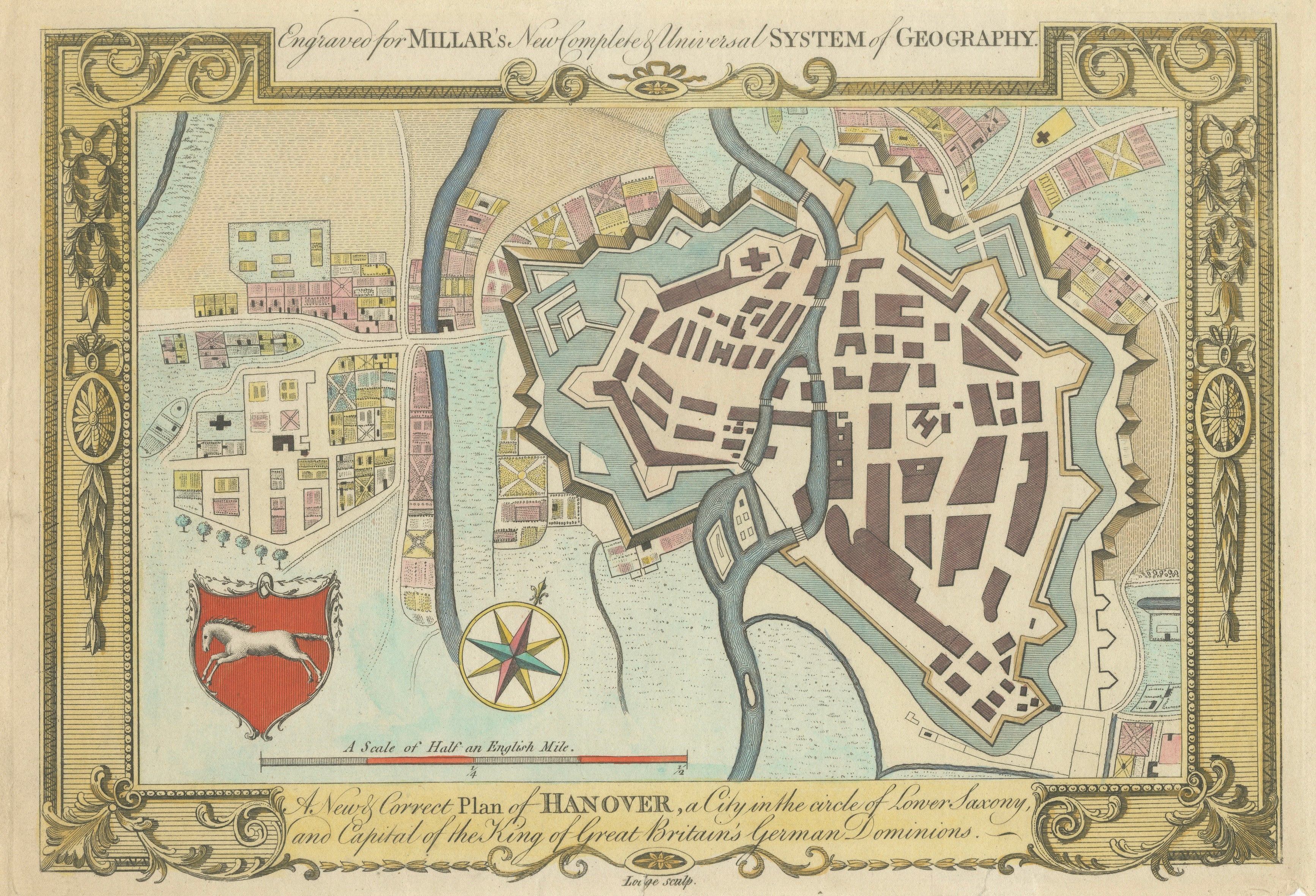 Decorative Hanover City Plan, Hand-Colored Georgian Map, Germany, c.1785