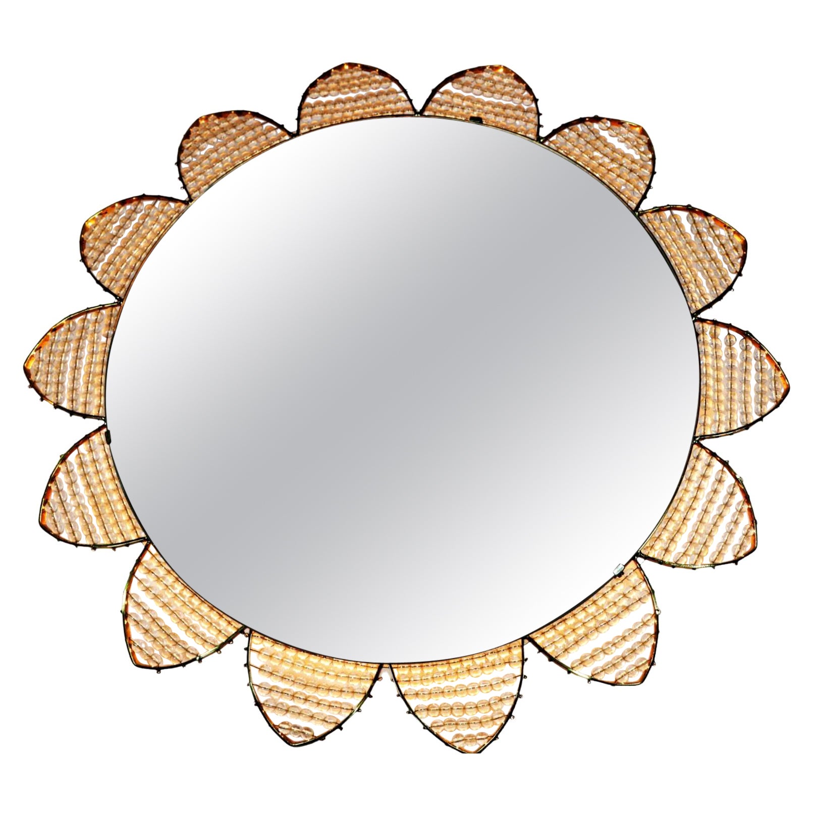 Espejo Iluminado Decorativo, Diseño Rayo de Sol o Flor, Perlas, Década de 1970