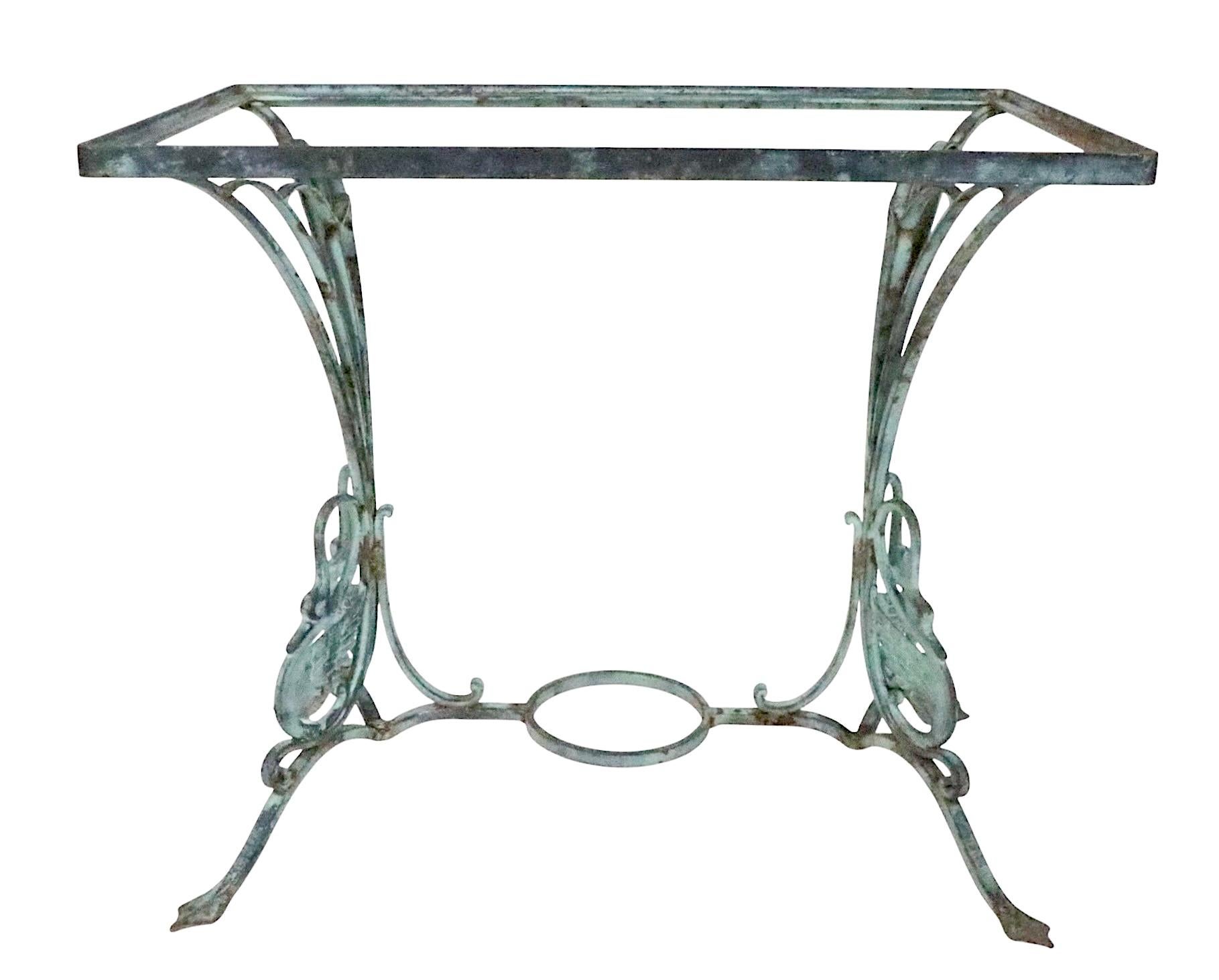 Art Deco Decorative Iron Swan Base Garden Patio Table in Faux Verdigris Finish c 1920/30 For Sale