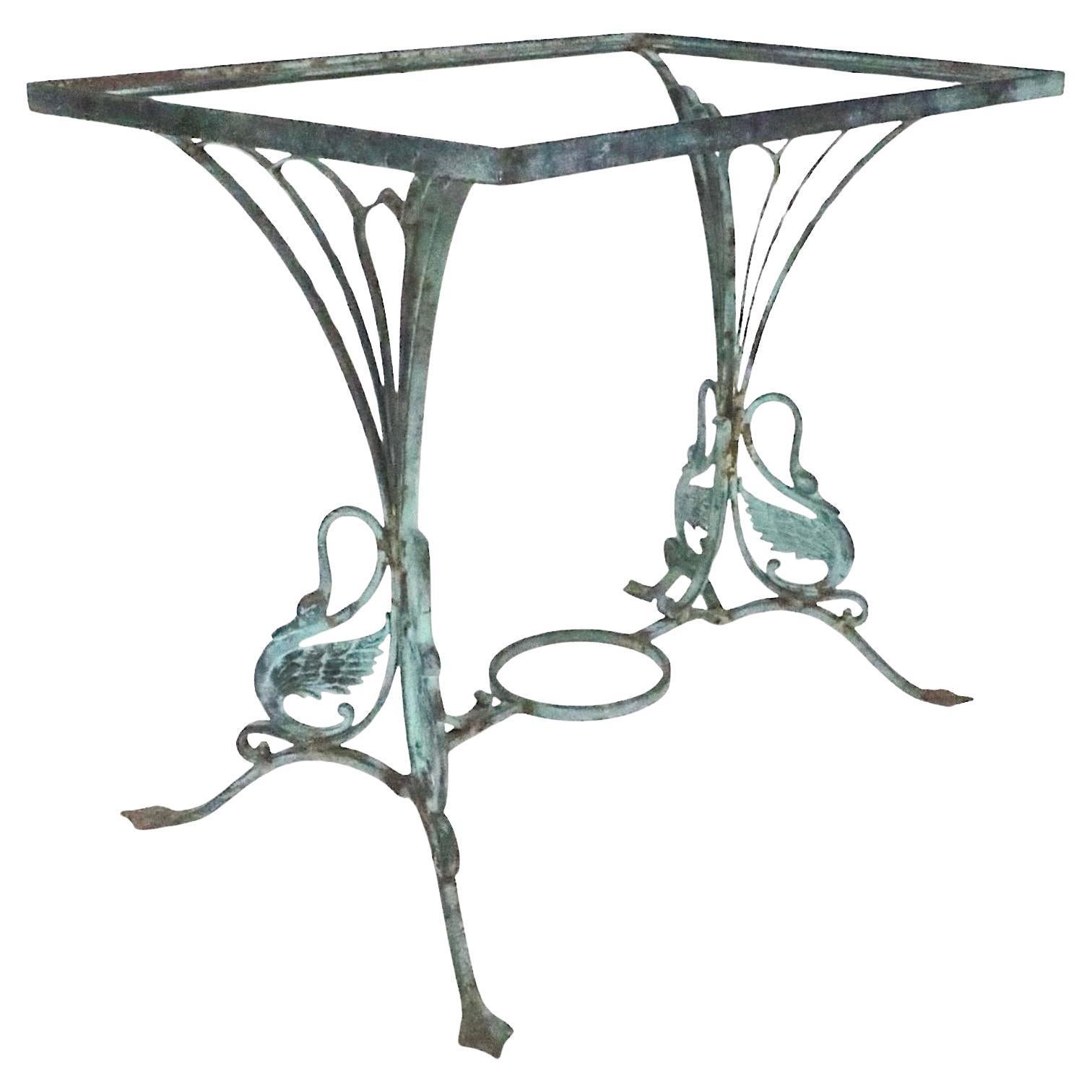 Decorative Iron Swan Base Garden Patio Table in Faux Verdigris Finish c 1920/30 For Sale