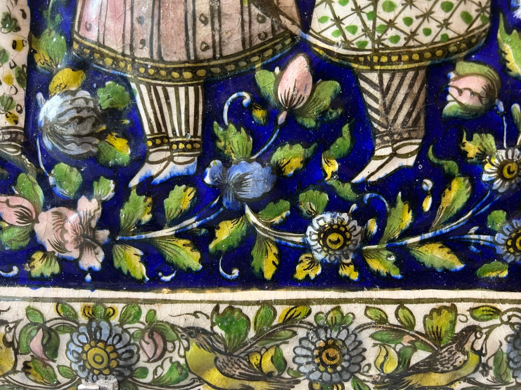 West Asian Large Decorative Islamic Qajar/Ottoman Underglaze Moulded Pottery Tile For Sale