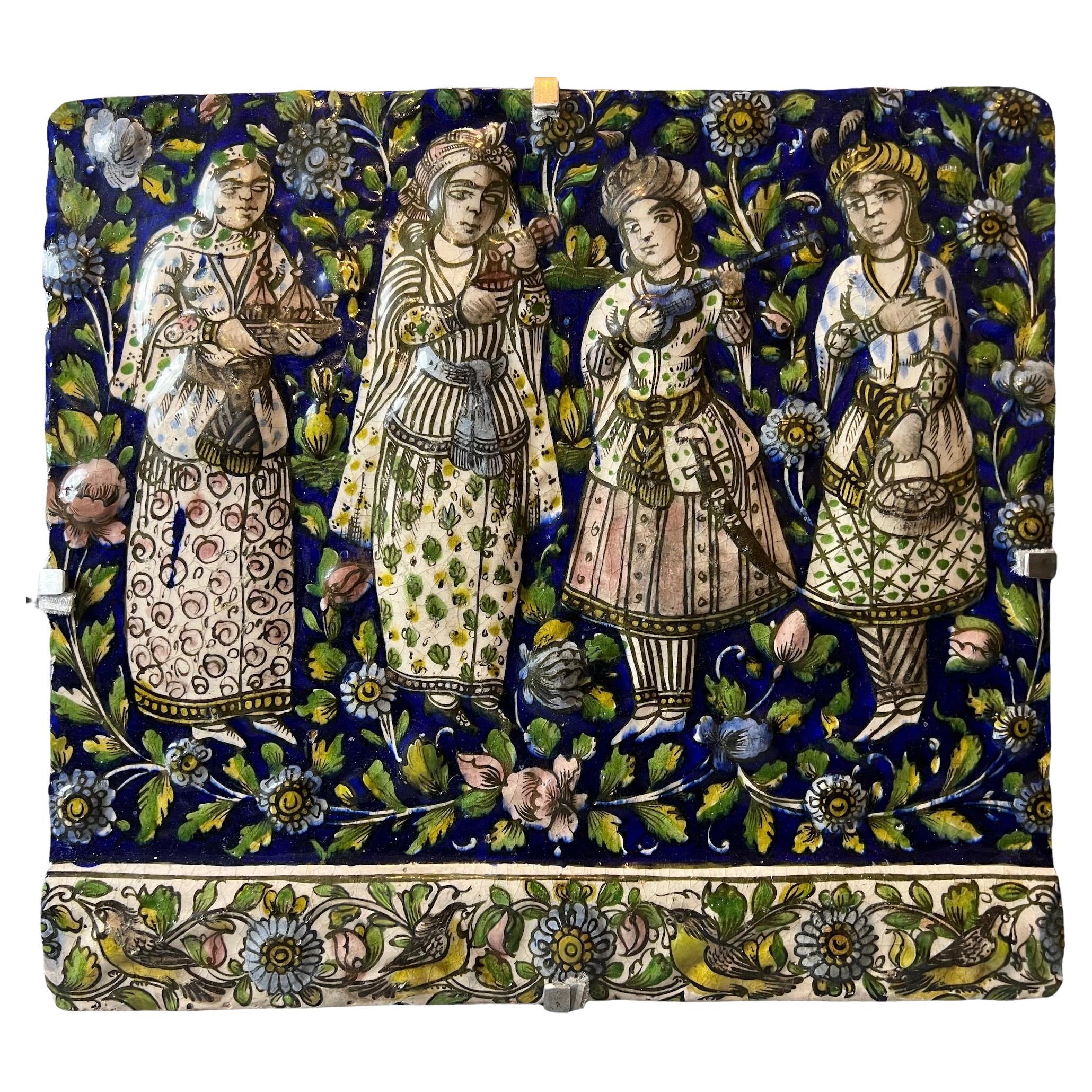 Large Decorative Islamic Qajar/Ottoman Underglaze Moulded Pottery Tile For Sale