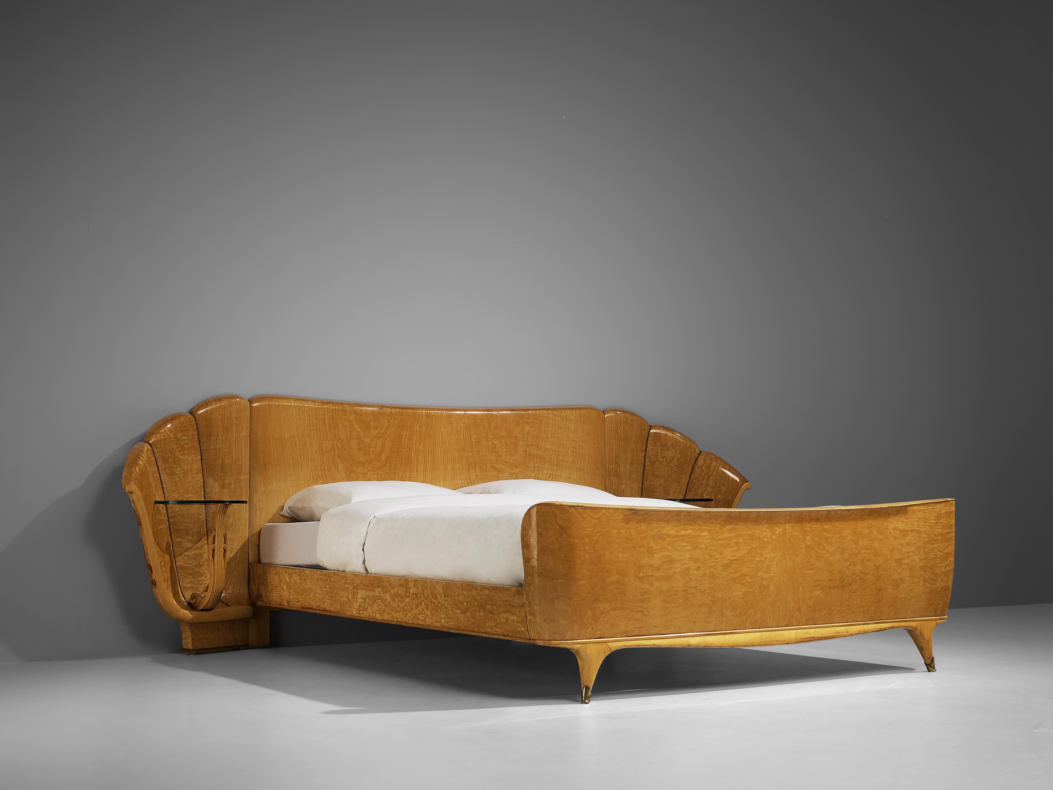 Mid-20th Century Decorative Italian Double Bed in Ash with Storage Trays