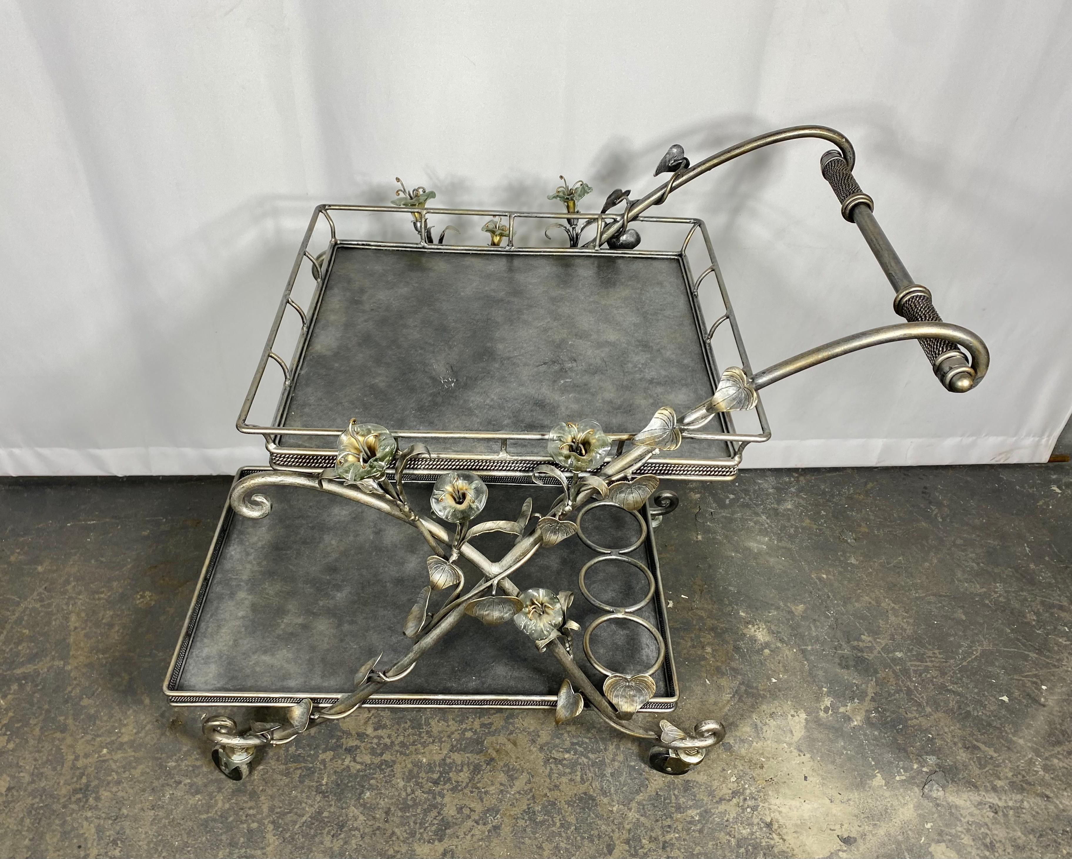 Decorative Italian Glass and Nickel BAR / SERVING cart. Blown glass flower's For Sale 4
