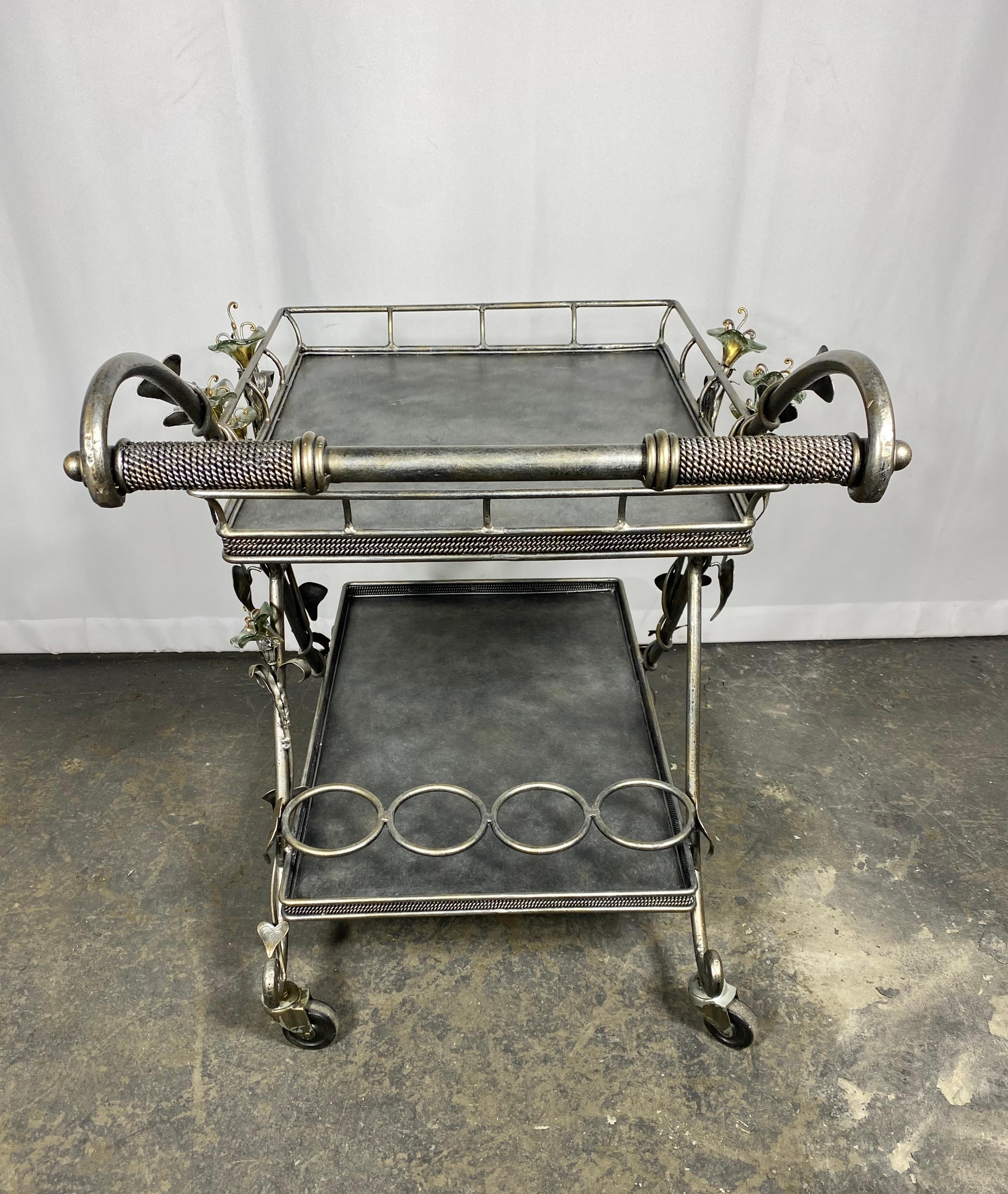 Hollywood Regency Decorative Italian Glass and Nickel BAR / SERVING cart. Blown glass flower's For Sale