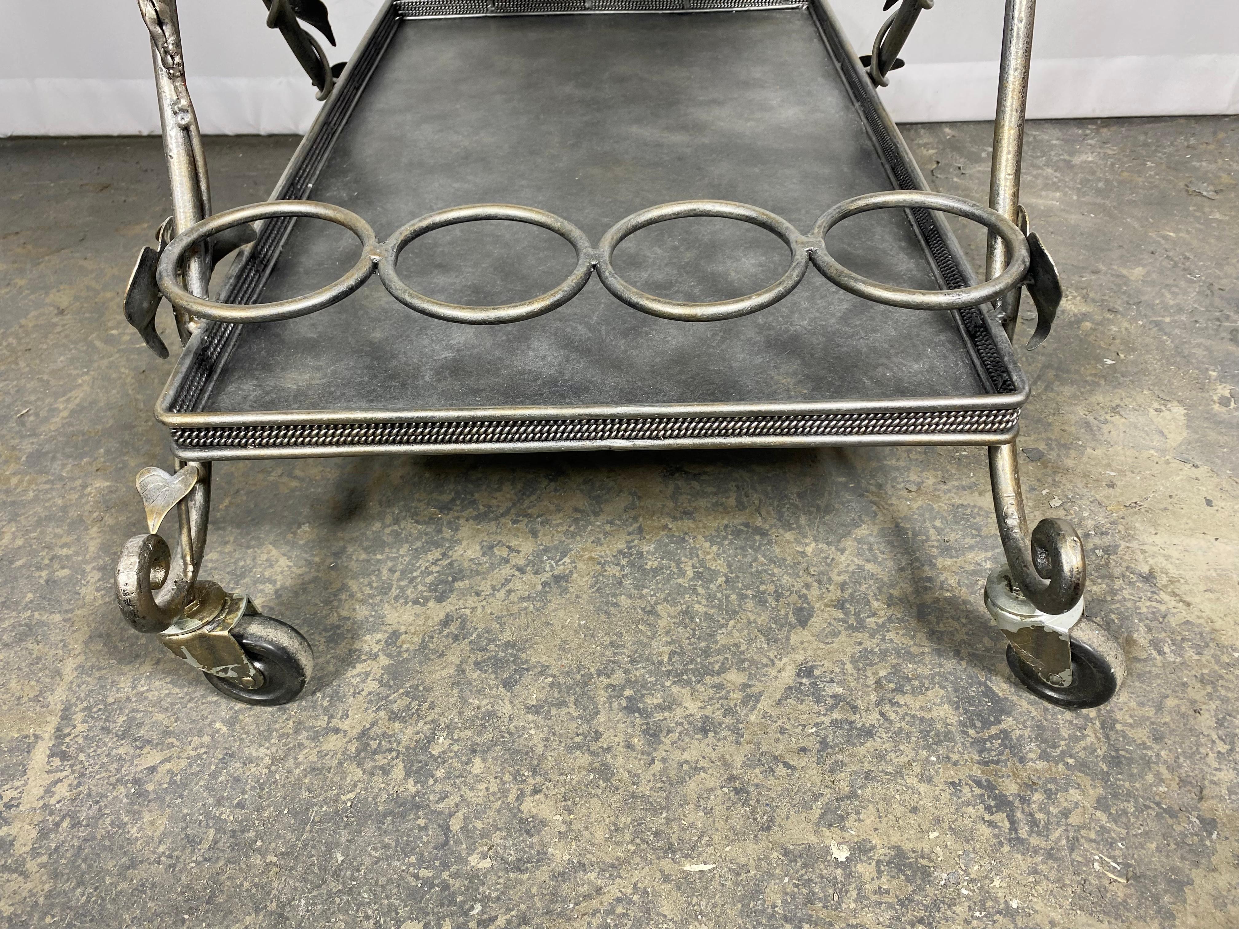 Decorative Italian Glass and Nickel BAR / SERVING cart. Blown glass flower's In Good Condition For Sale In Buffalo, NY