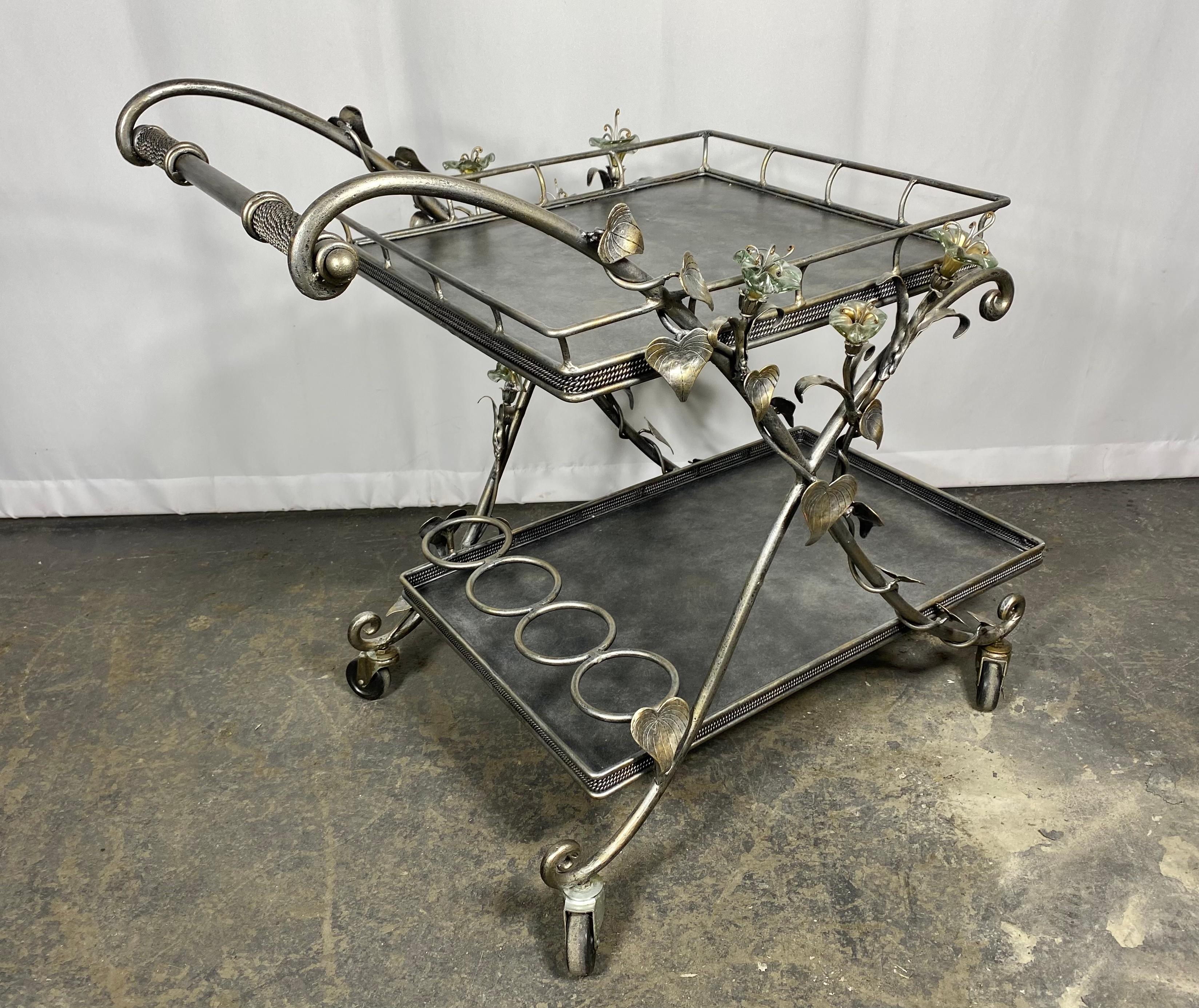 Metal Decorative Italian Glass and Nickel BAR / SERVING cart. Blown glass flower's For Sale