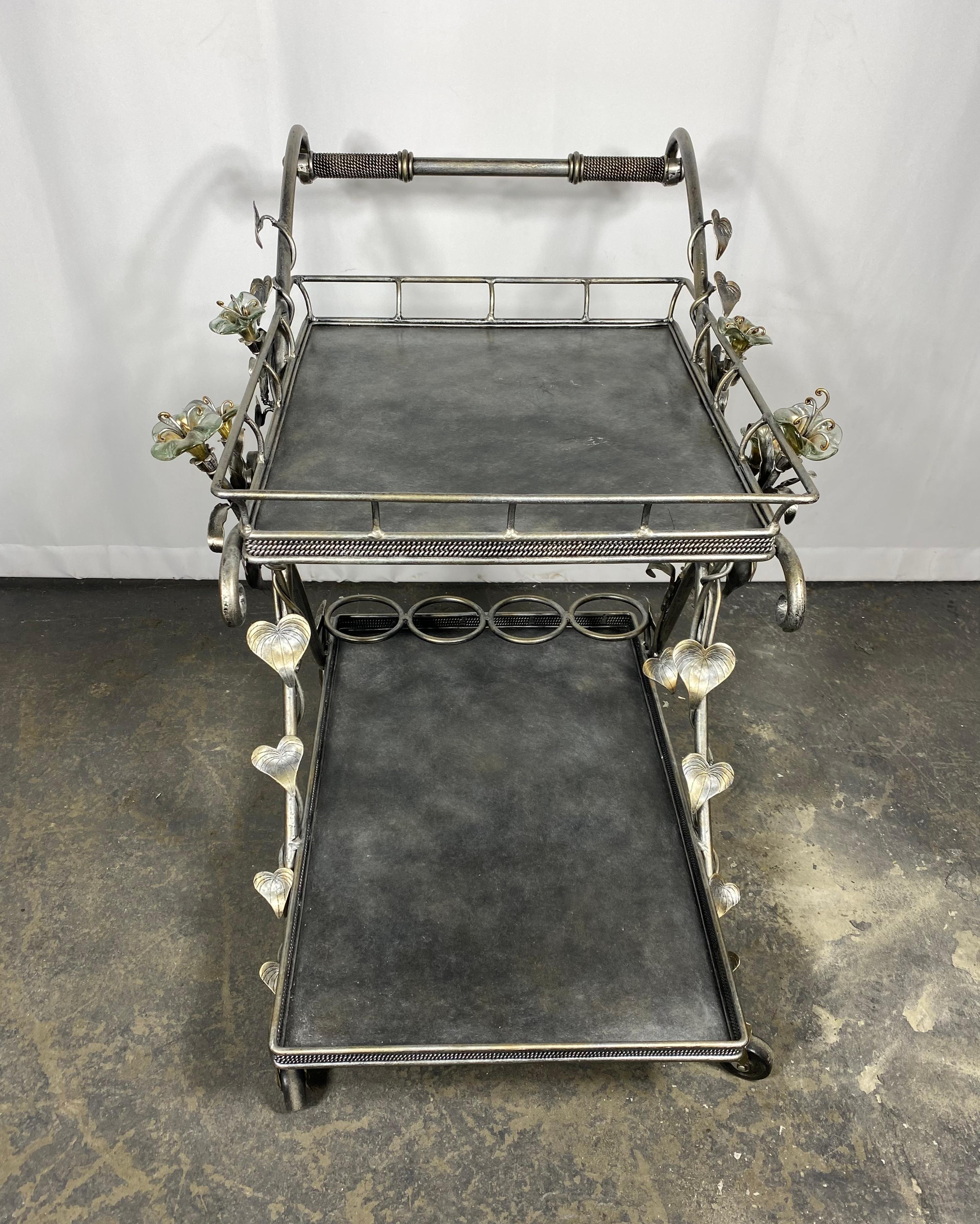 Decorative Italian Glass and Nickel BAR / SERVING cart. Blown glass flower's For Sale 1