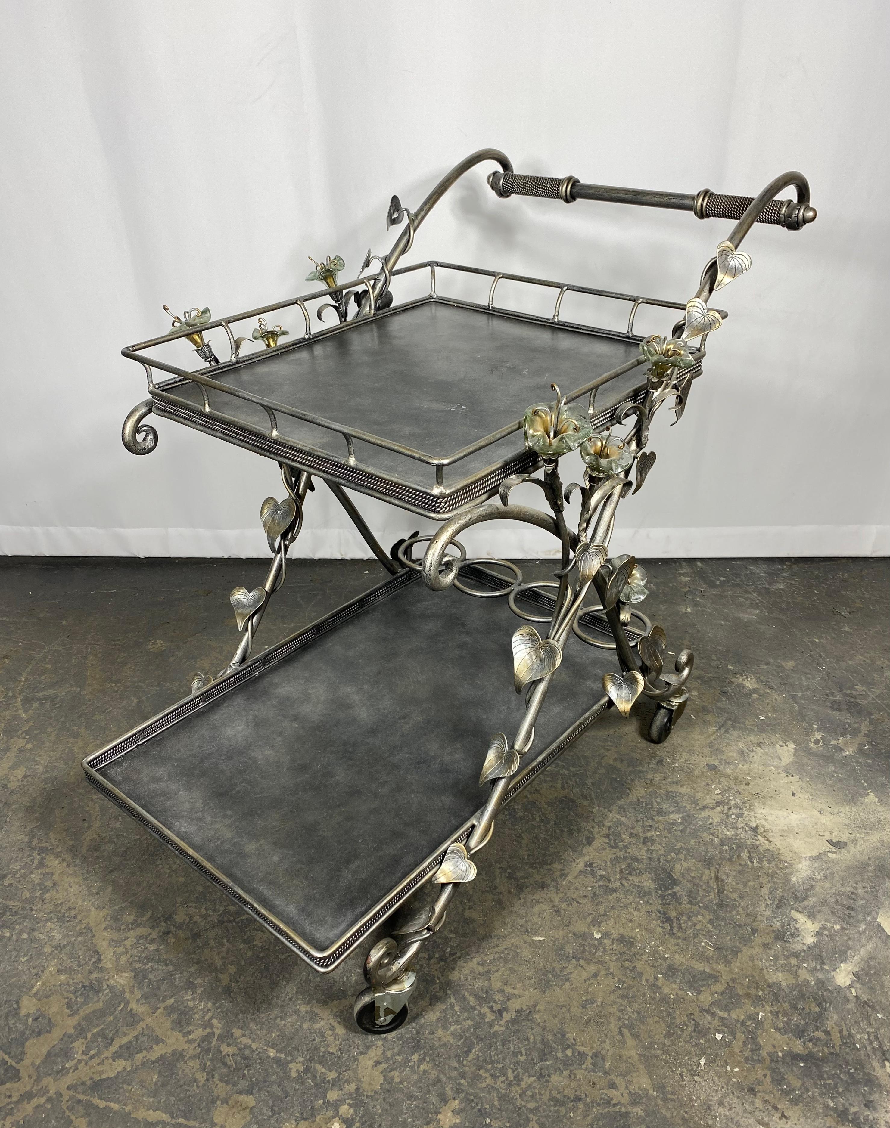 Decorative Italian Glass and Nickel BAR / SERVING cart. Blown glass flower's For Sale 2