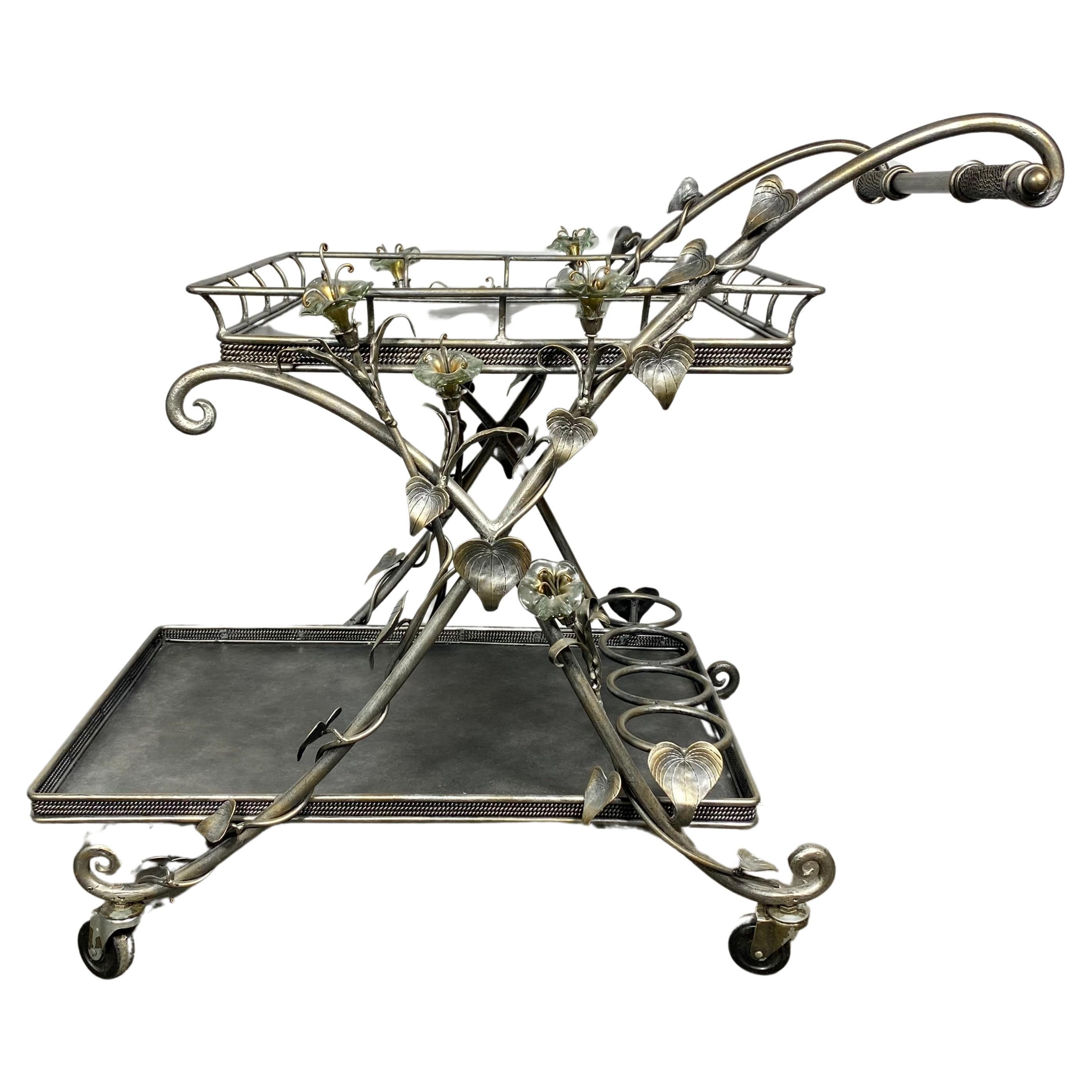 Decorative Italian Glass and Nickel BAR / SERVING cart. Blown glass flower's For Sale