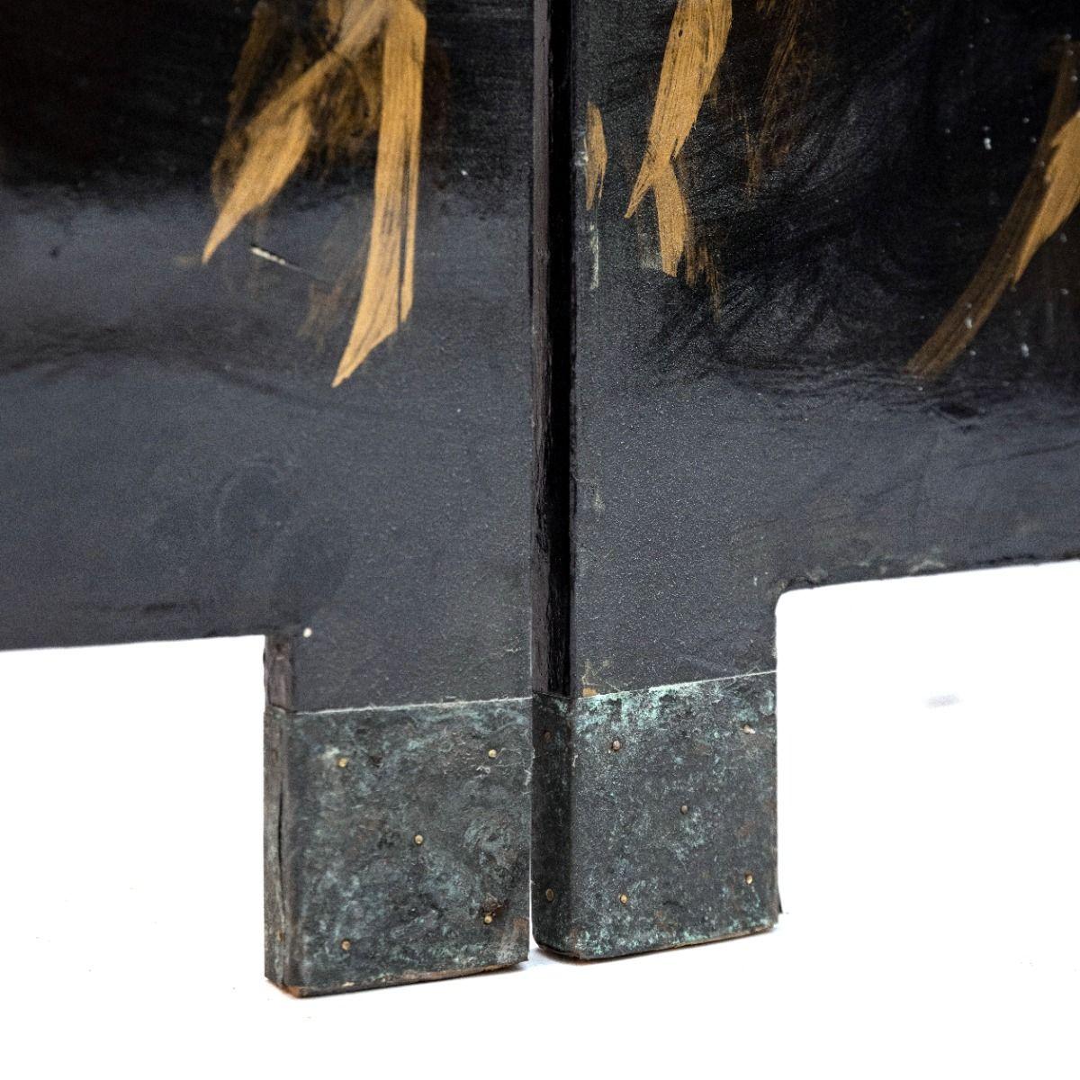 Decorative Japanese Six-Panel Lacquer Screen with Hand-Painted Cranes and Bamboo 5