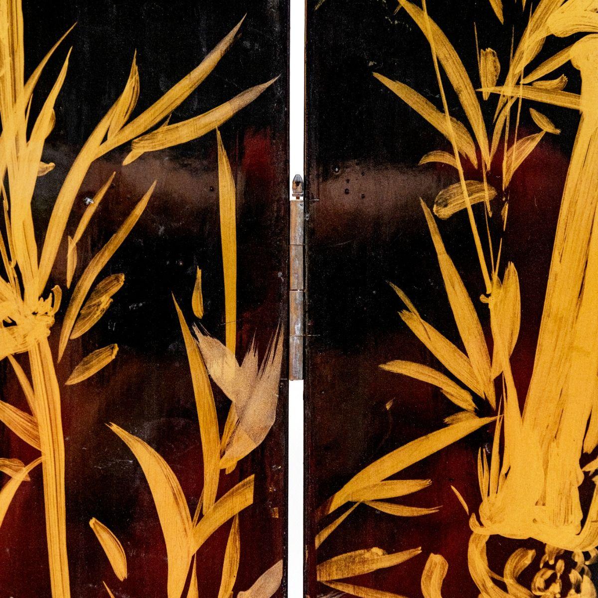 Decorative Japanese Six-Panel Lacquer Screen with Hand-Painted Cranes and Bamboo 6