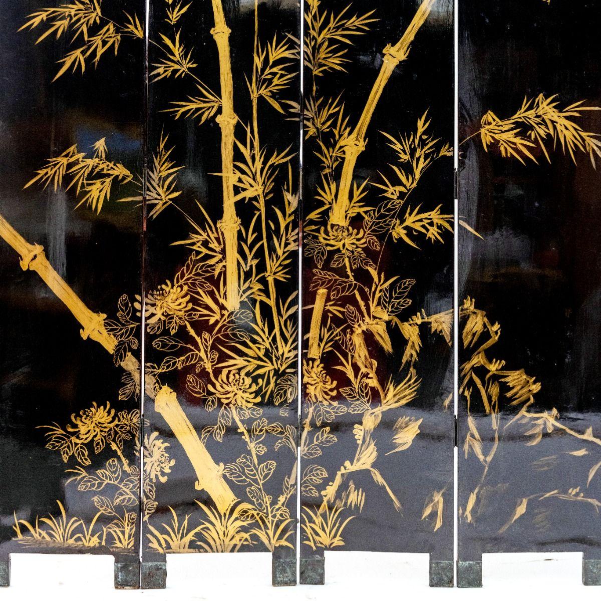 Decorative Japanese Six-Panel Lacquer Screen with Hand-Painted Cranes and Bamboo 7