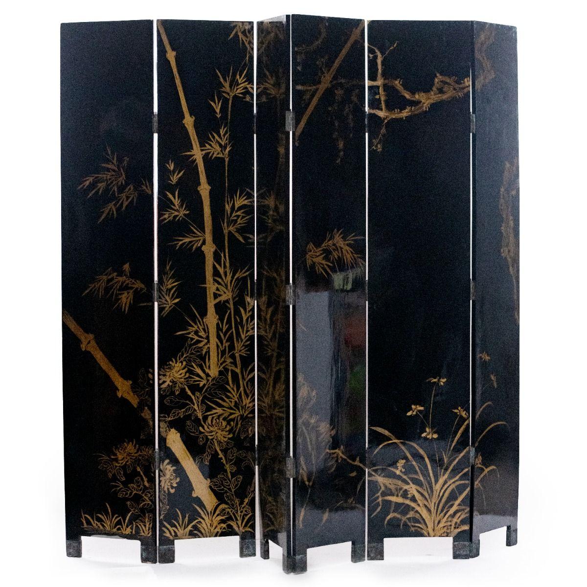Decorative Japanese Six-Panel Lacquer Screen with Hand-Painted Cranes and Bamboo 8