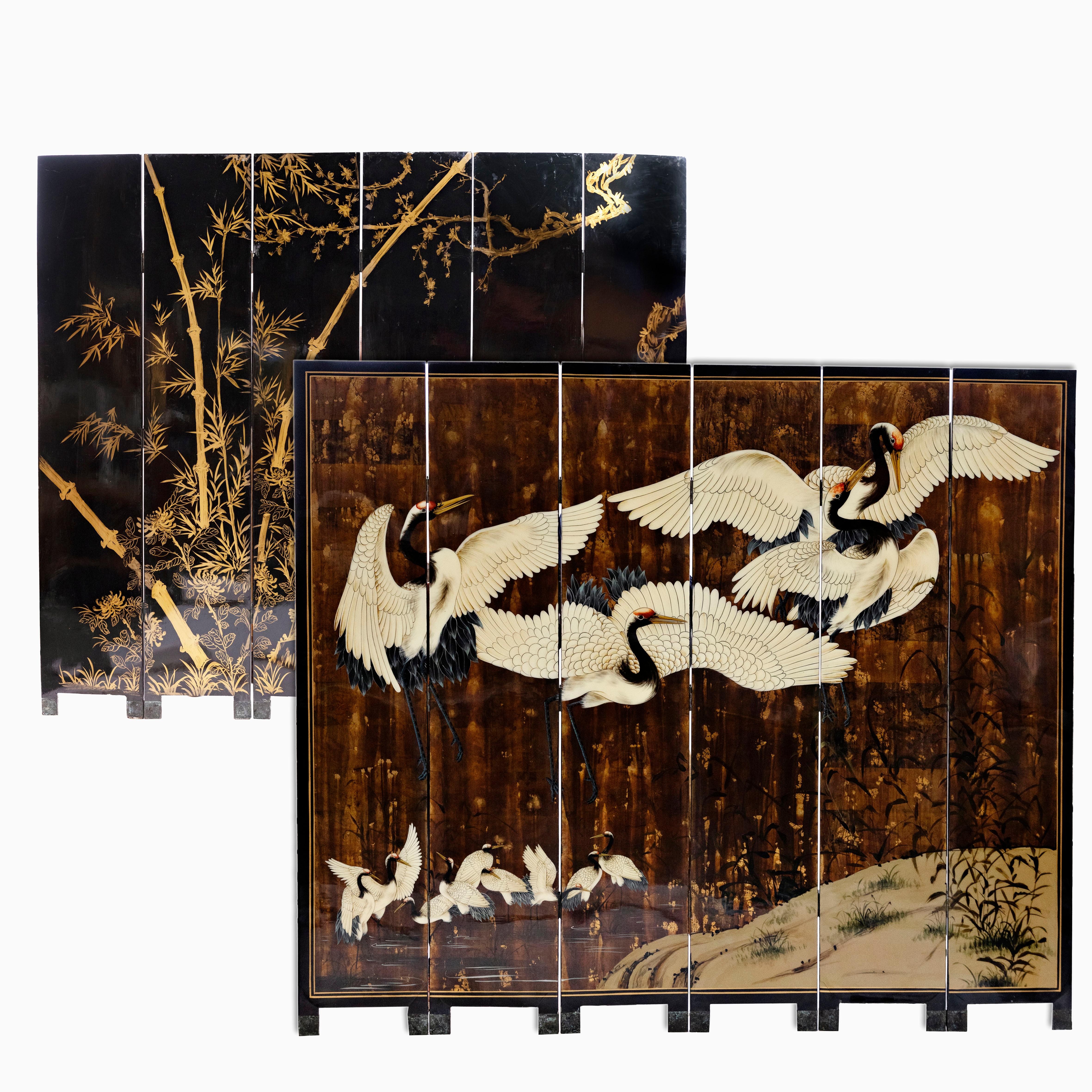 Japanese Six-Panel Room Divider / Lacquer Screens.
Elegantly decorated with hand-painted motifs on both sides.

Front Side:
A stunning and intricately detailed landscape featuring cranes in various positions by the water’s edge, painted on a base of