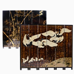 Paravent japonais décoratif à six panneaux en laque avec grues peintes à la main et bambou