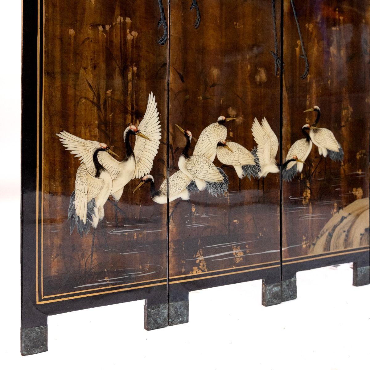 Showa Decorative Japanese Six-Panel Lacquer Screen with Hand-Painted Cranes and Bamboo