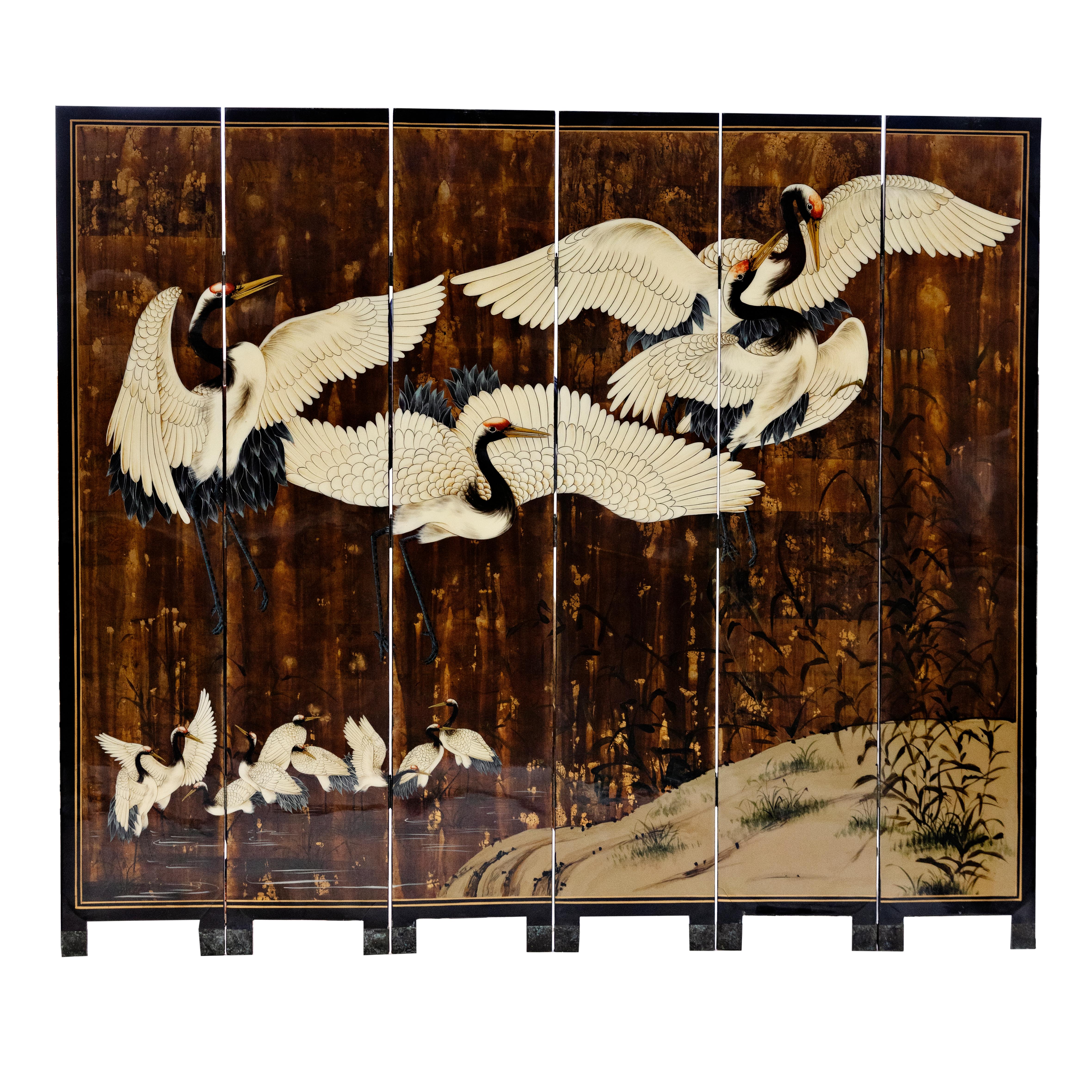 Decorative Japanese Six-Panel Lacquer Screen with Hand-Painted Cranes and Bamboo In Good Condition In Kastrup, DK
