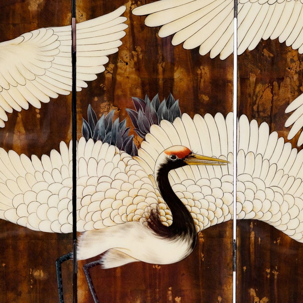 20th Century Decorative Japanese Six-Panel Lacquer Screen with Hand-Painted Cranes and Bamboo