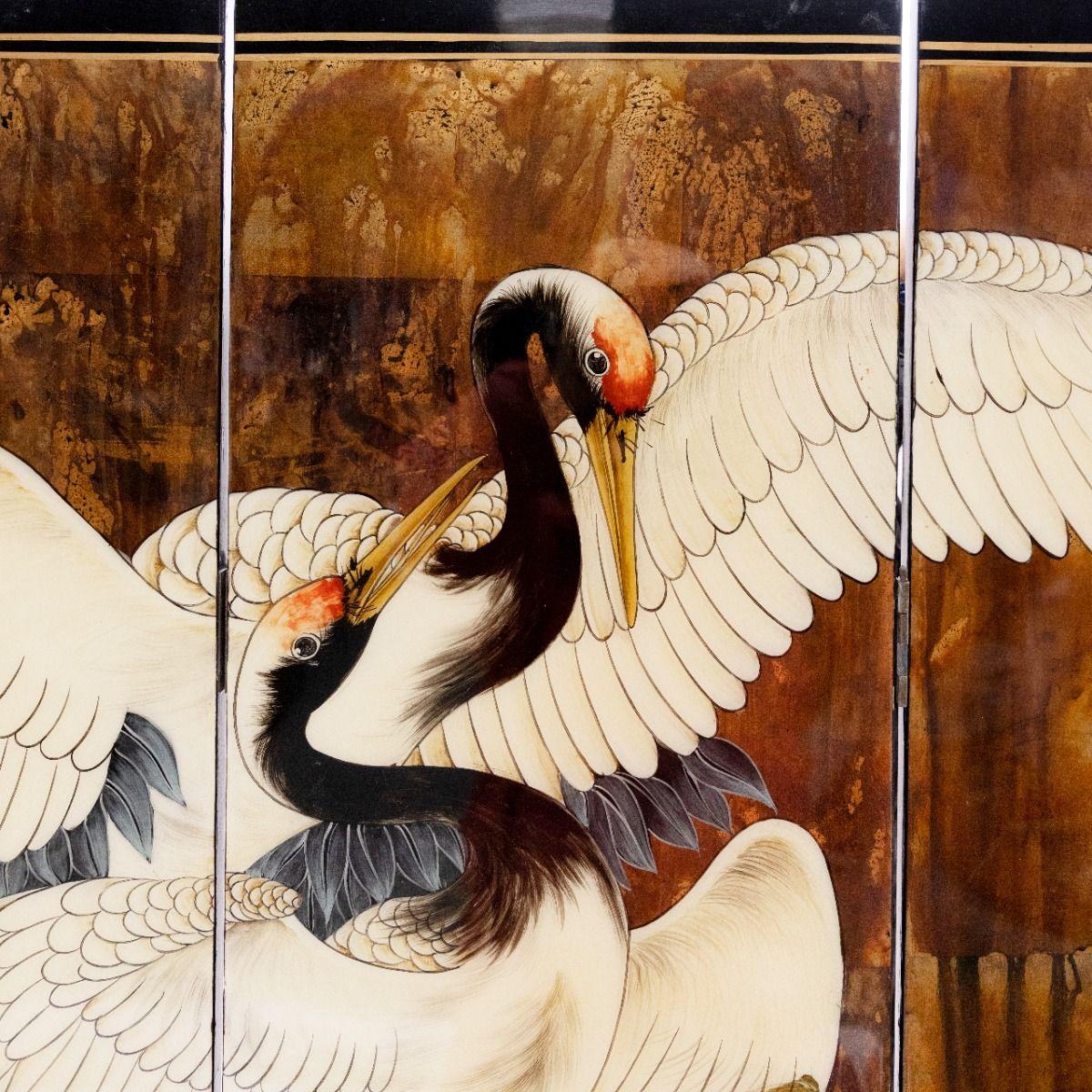 Brass Decorative Japanese Six-Panel Lacquer Screen with Hand-Painted Cranes and Bamboo