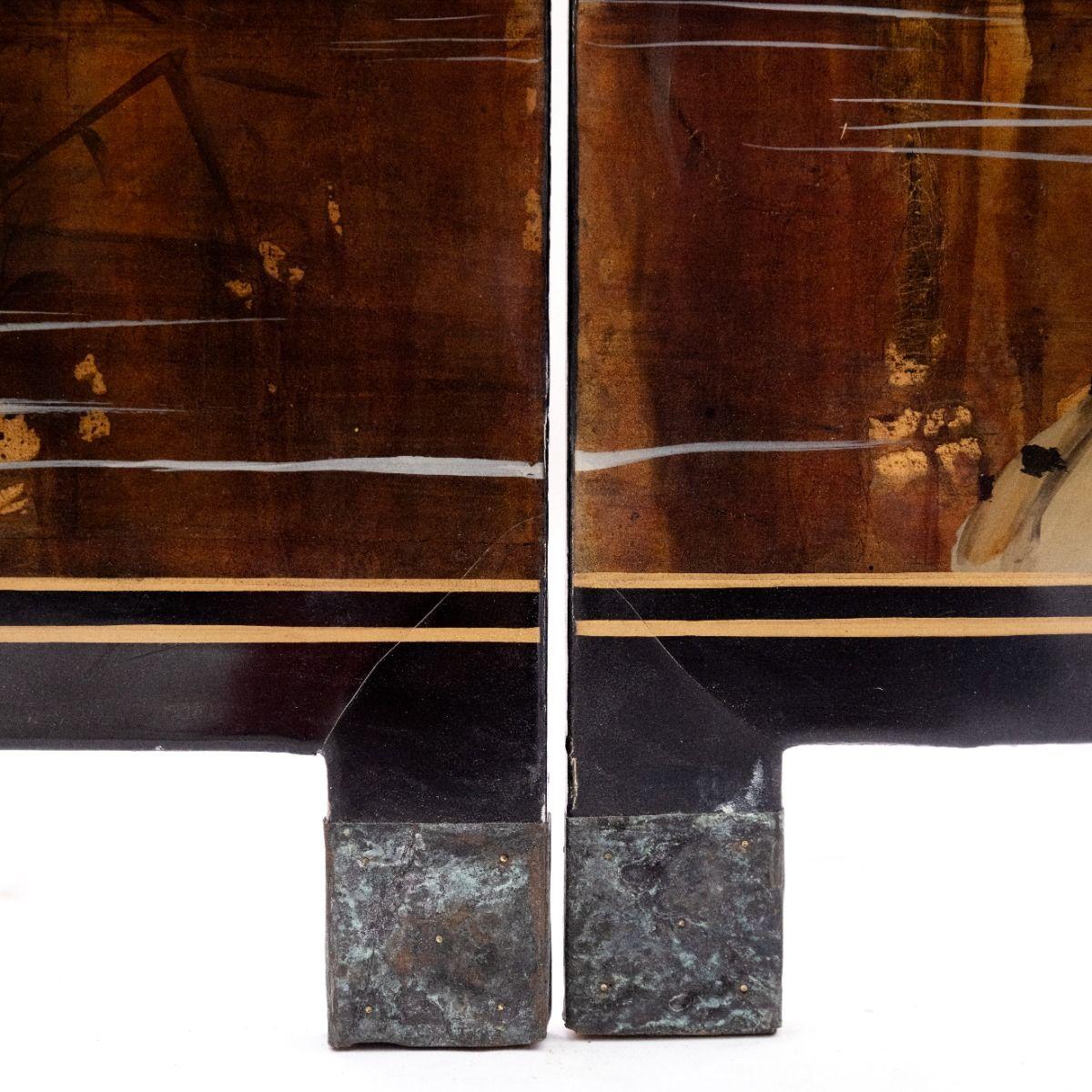 Decorative Japanese Six-Panel Lacquer Screen with Hand-Painted Cranes and Bamboo 3