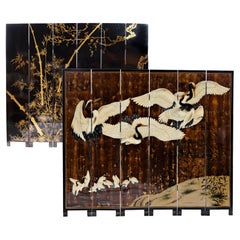 Decorative Japanese Six-Panel Lacquer Screen with Hand-Painted Cranes and Bamboo