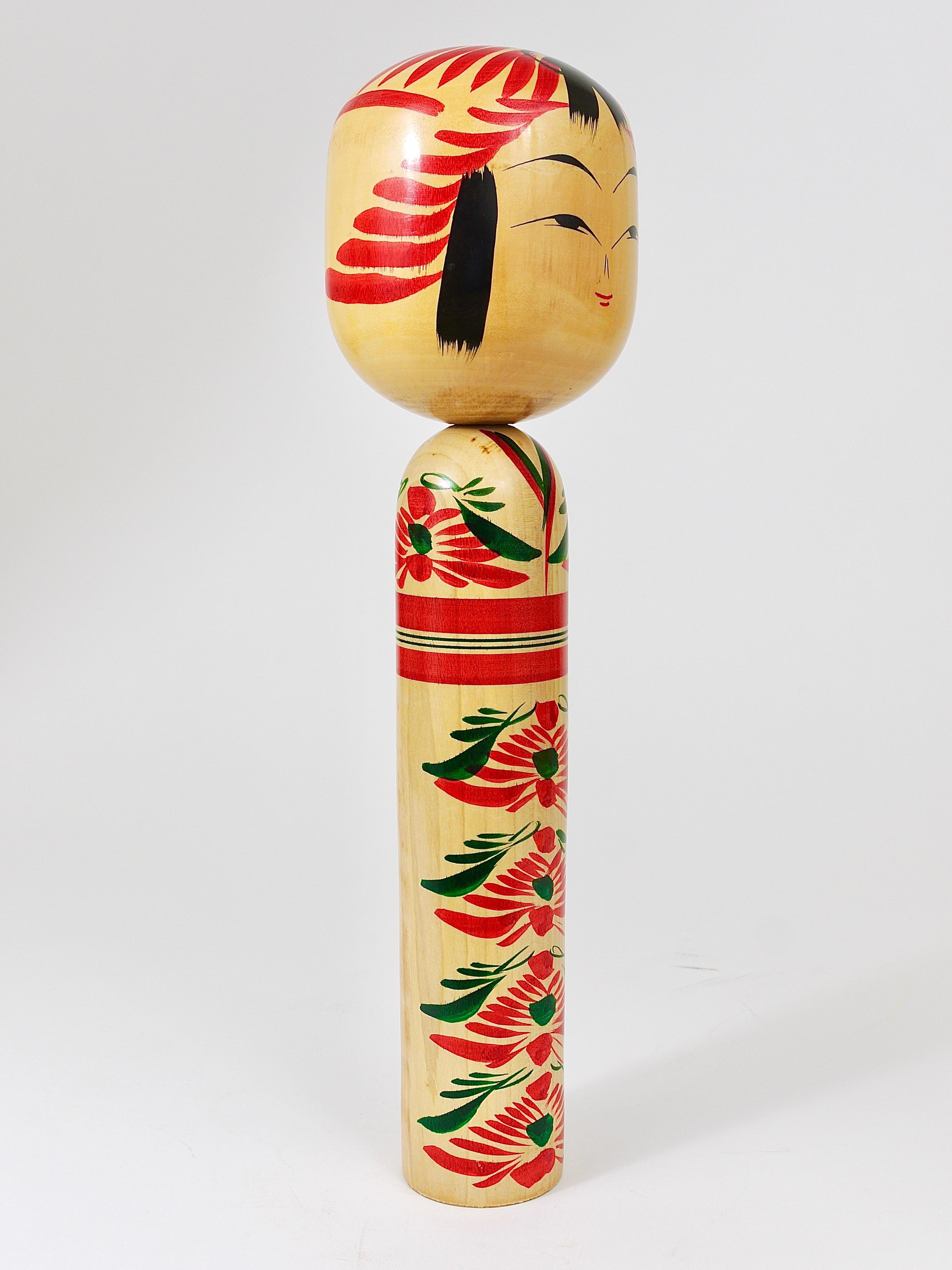 Wood Decorative Kokeshi Doll Sculpture from Northern Japan, Hand-Painted, Signed For Sale