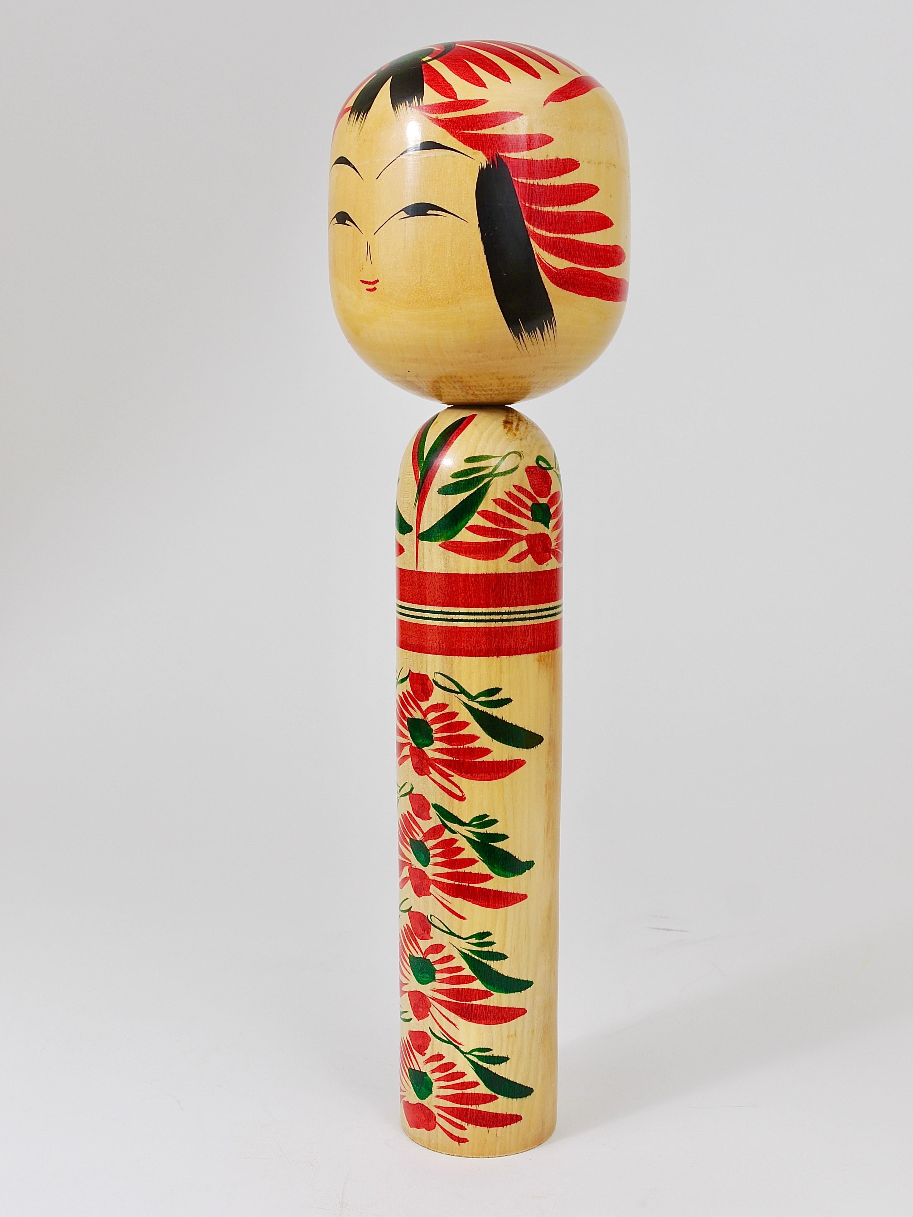 Decorative Kokeshi Doll Sculpture from Northern Japan, Hand-Painted, Signed For Sale 1