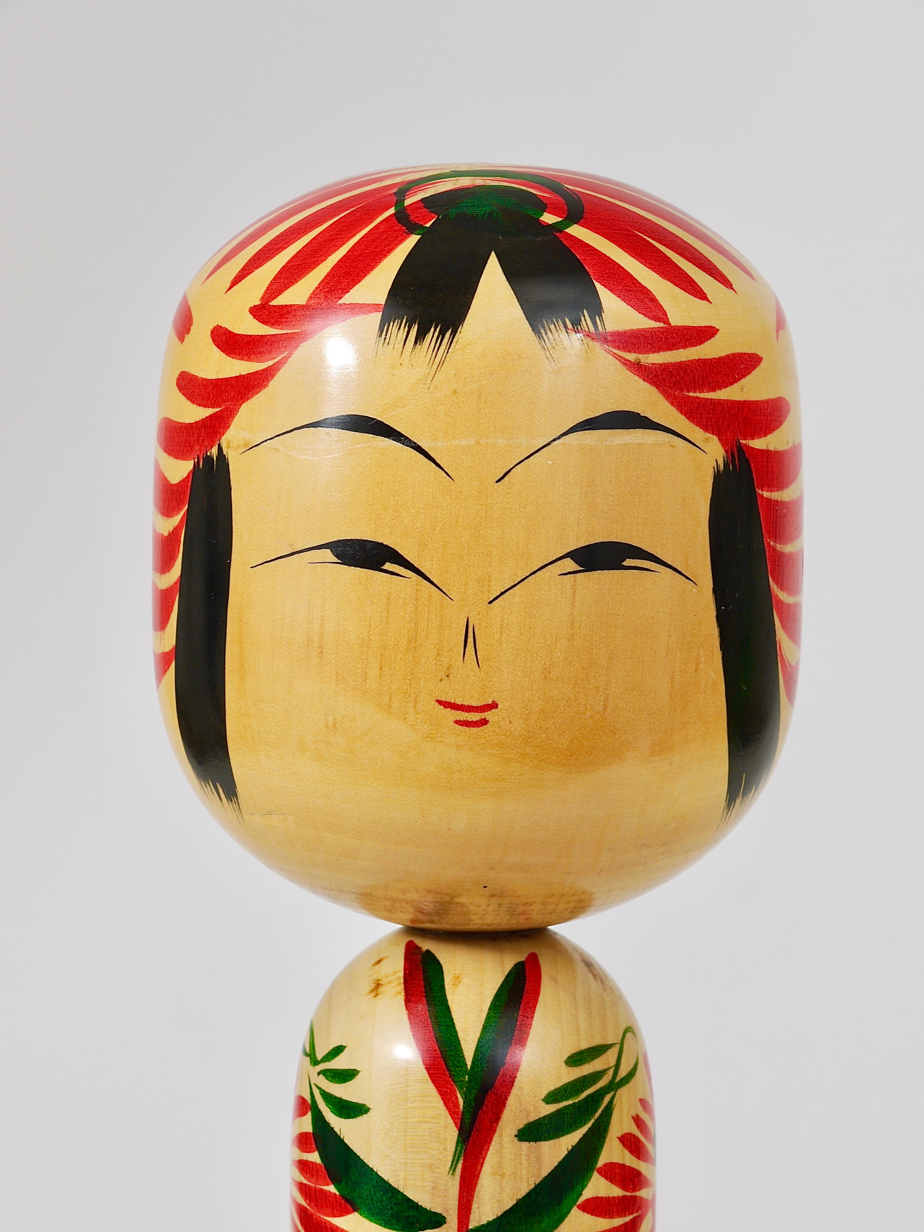 Edo Decorative Kokeshi Doll Sculpture from Northern Japan, Hand-Painted, Signed For Sale