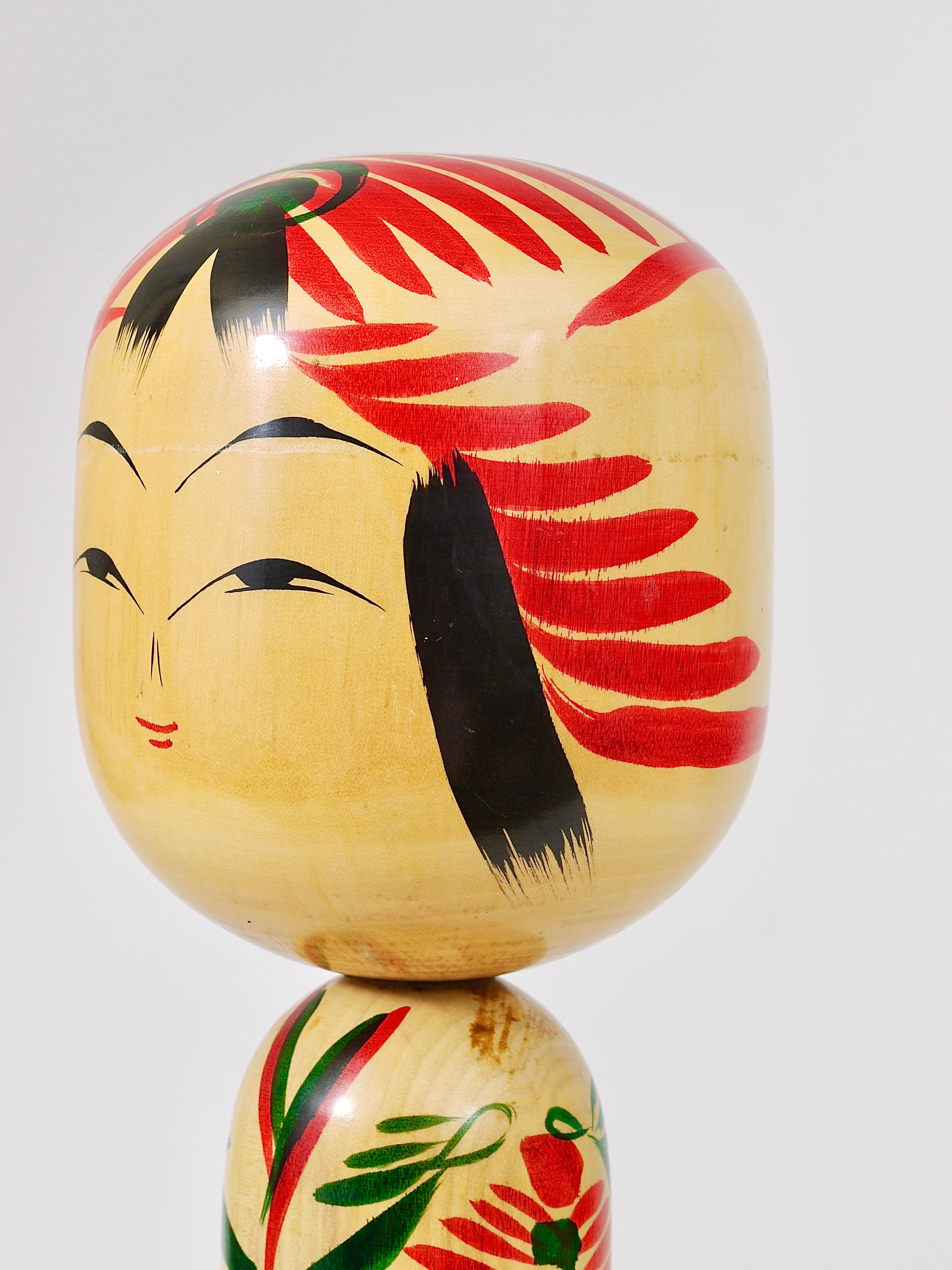 Japanese Decorative Kokeshi Doll Sculpture from Northern Japan, Hand-Painted, Signed For Sale