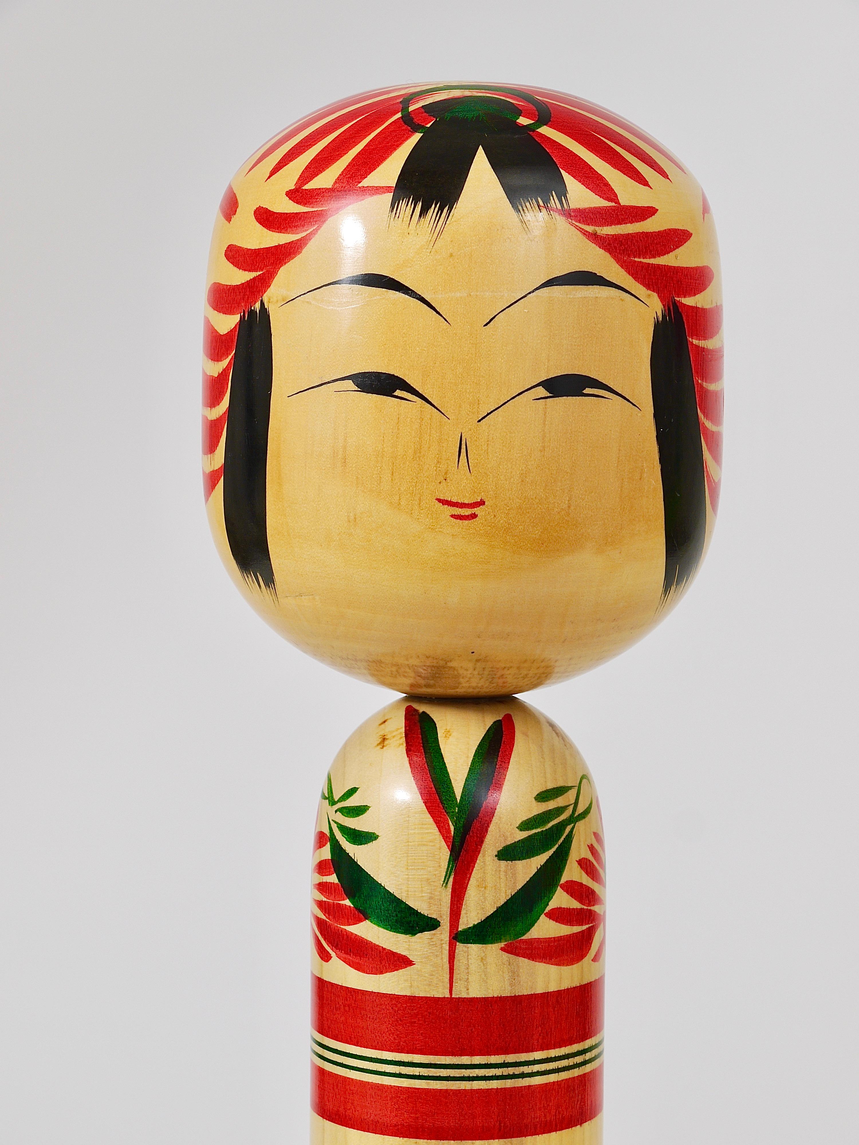 Hand-Carved Decorative Kokeshi Doll Sculpture from Northern Japan, Hand-Painted, Signed For Sale