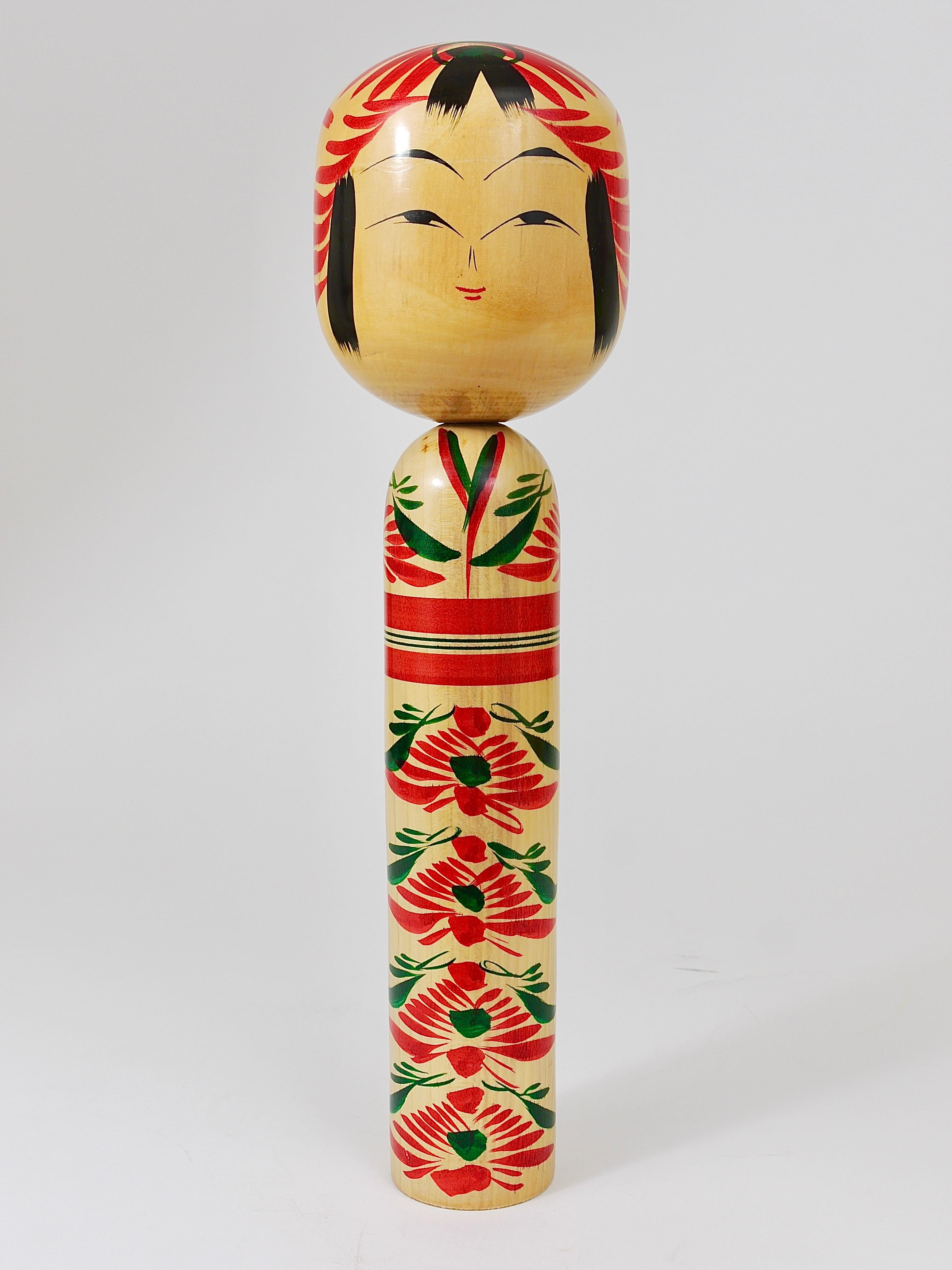 20th Century Decorative Kokeshi Doll Sculpture from Northern Japan, Hand-Painted, Signed For Sale