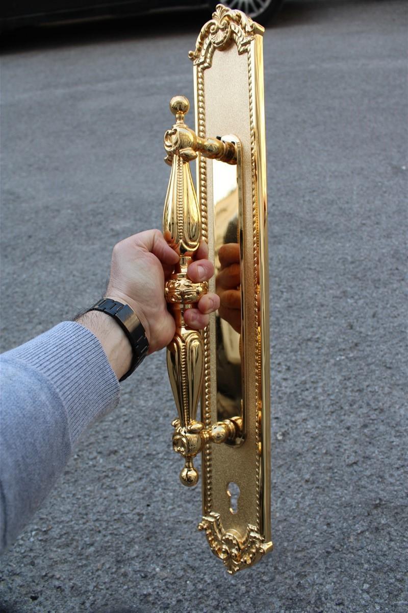 Italian Decorative Large Door Handle in Plated Brass 24 Kt Gold Italy 1970 Very Classic For Sale