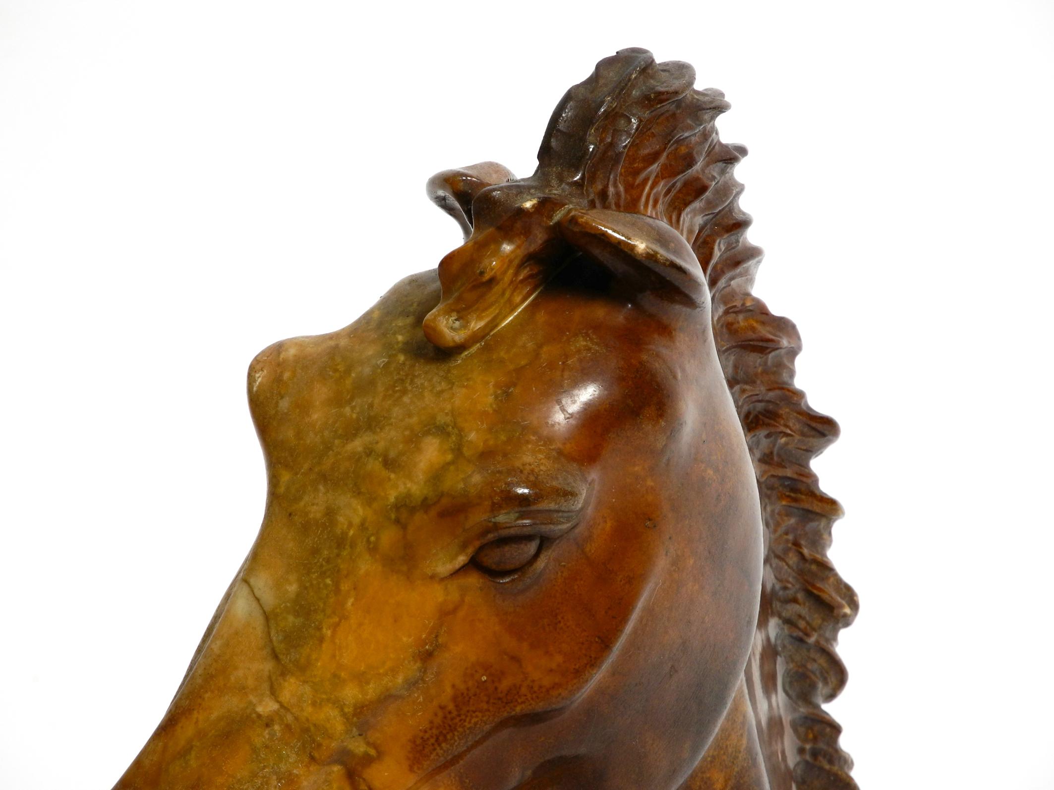 Decorative large heavy lifelike 1960's horse head sculpture in brown soapstone For Sale 2