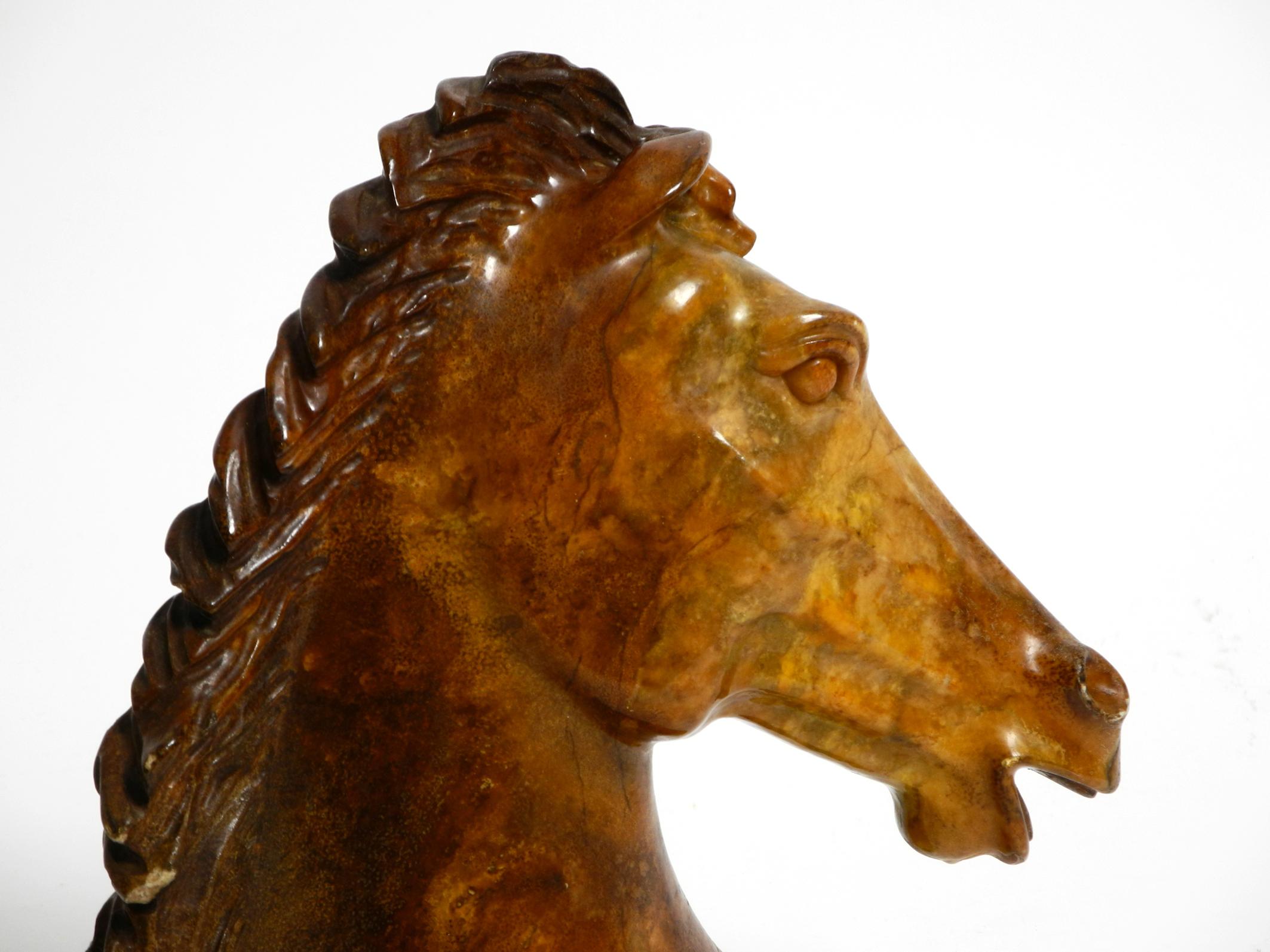 Decorative large heavy lifelike 1960's horse head sculpture in brown soapstone For Sale 5
