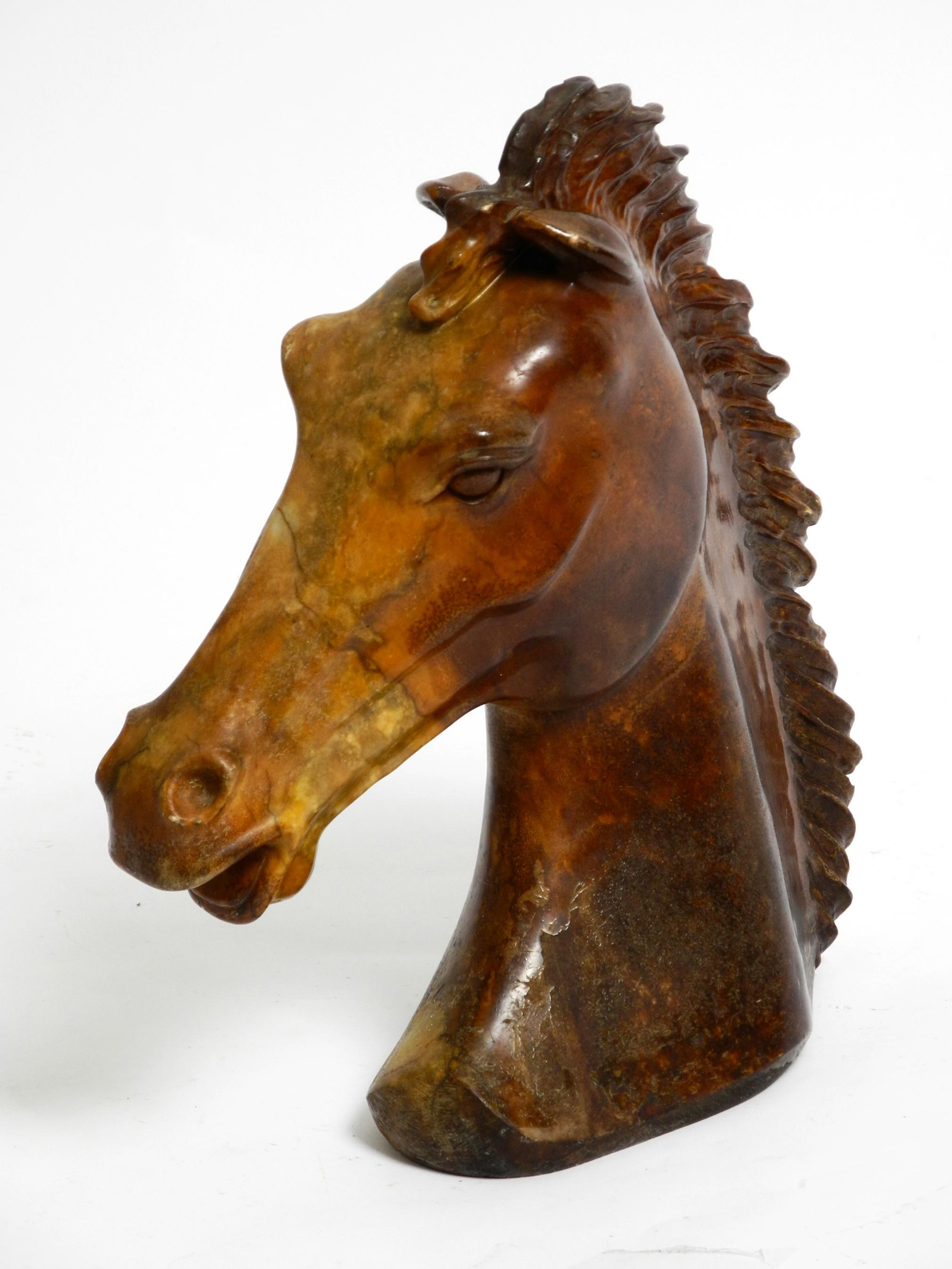 Decorative large heavy lifelike 1960's horse head sculpture in brown soapstone For Sale 7