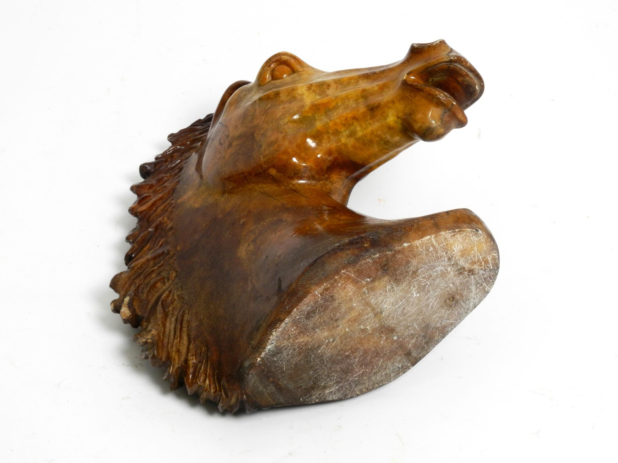 Decorative large heavy lifelike 1960's horse head sculpture in brown soapstone In Good Condition For Sale In München, DE