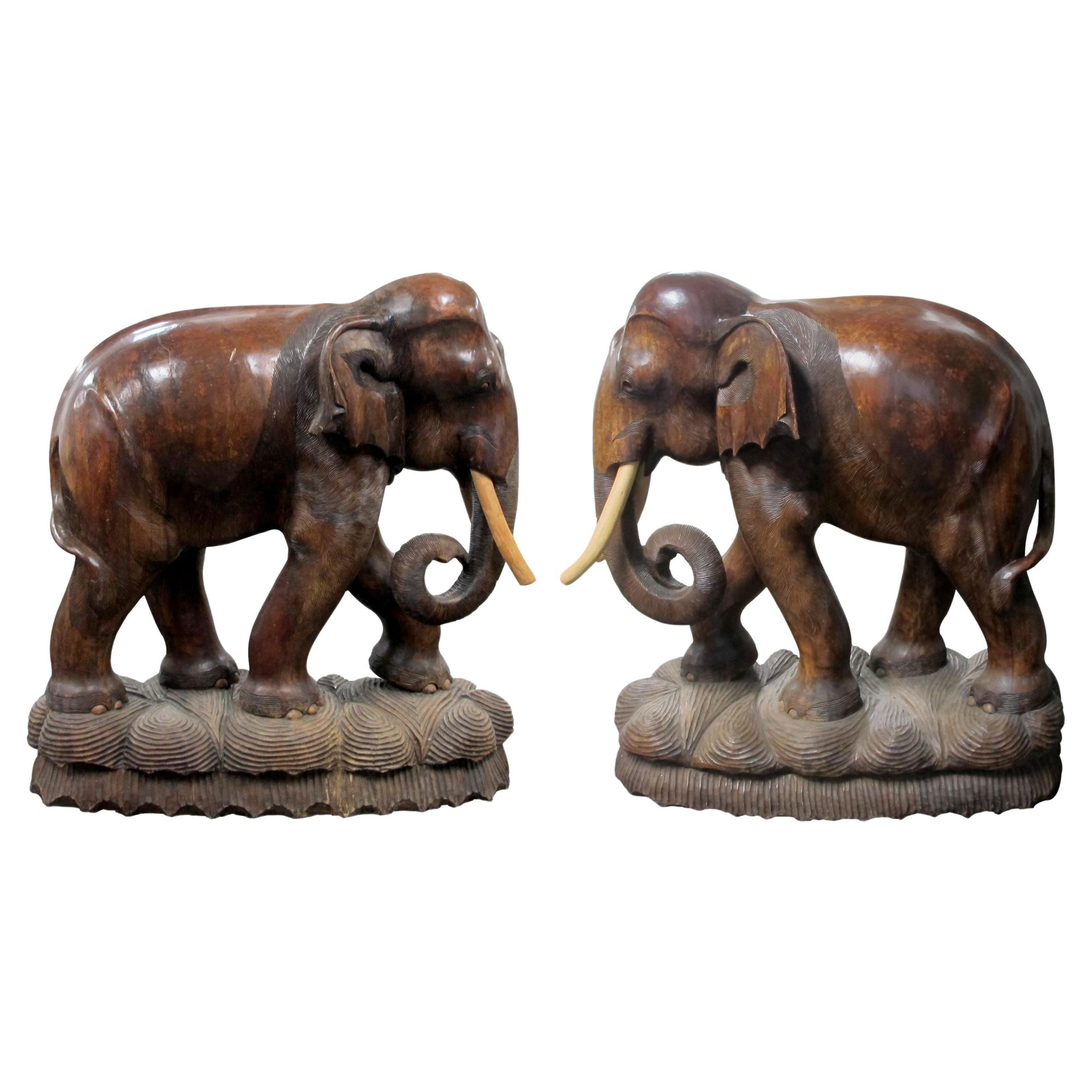 Decorative Large Pair of Carved Wood Elephants Sculptures, 20th century